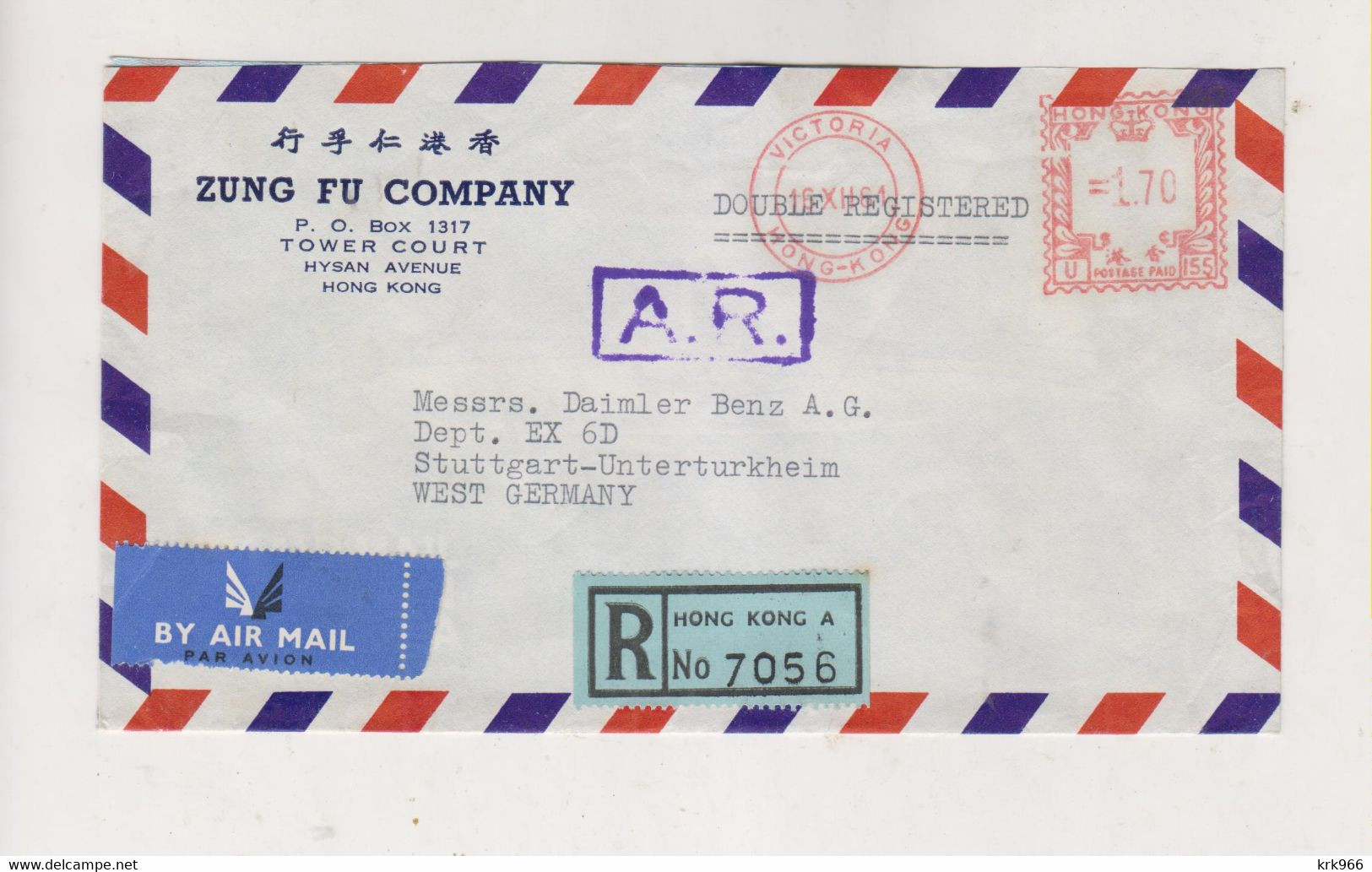 HONG KONG 1961 Registered  Airmail Cover To Germany Meter Stamp - Brieven En Documenten