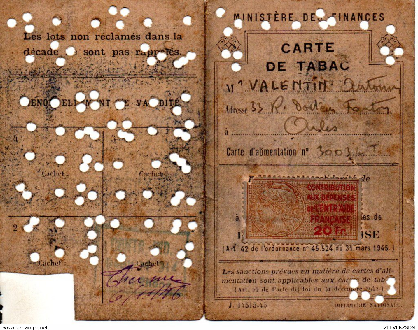 13 ARLES CARTE DE TABAC TIMBRE FISCAL  BOUCHES DU RHONE CONTRIBUTION MINISTERE FINANCES - Documenten