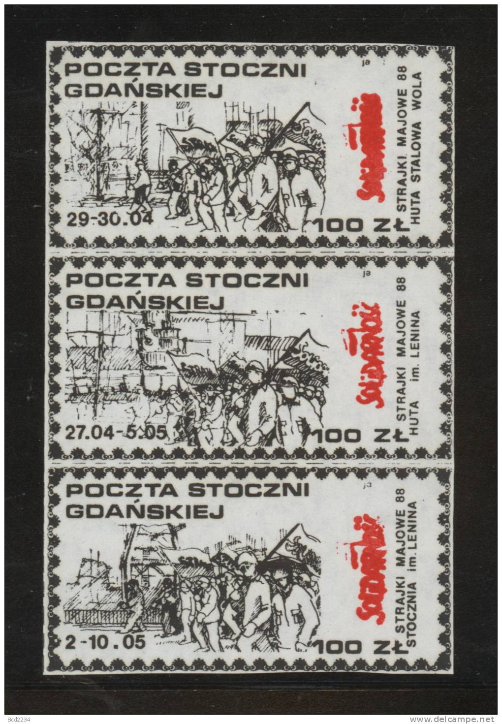 POLAND SOLIDARNOSC (POCZTA STOCZNI GDANSKIEJ) 1988 STRIKES STRIP OF 3 (SOLID0359/0858) - Viñetas Solidarnosc