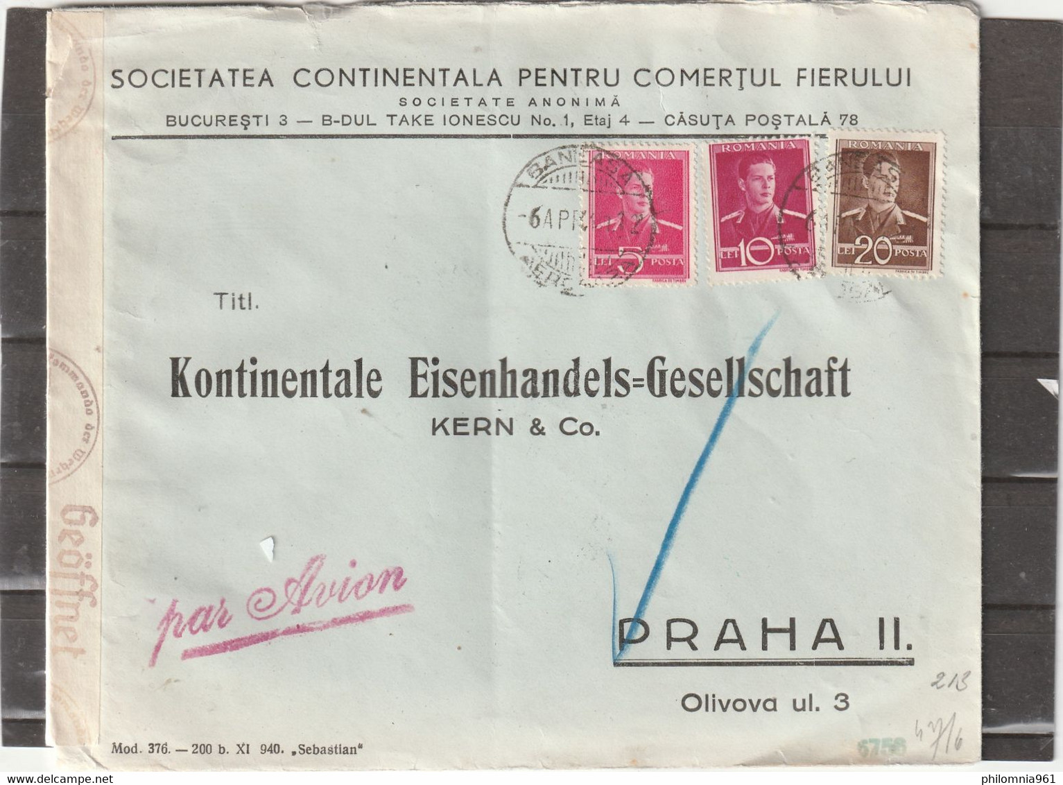 Romania AIRMAIL CENSORED COVER Baneasa To Czechoslovakia 1941 - 2. Weltkrieg (Briefe)