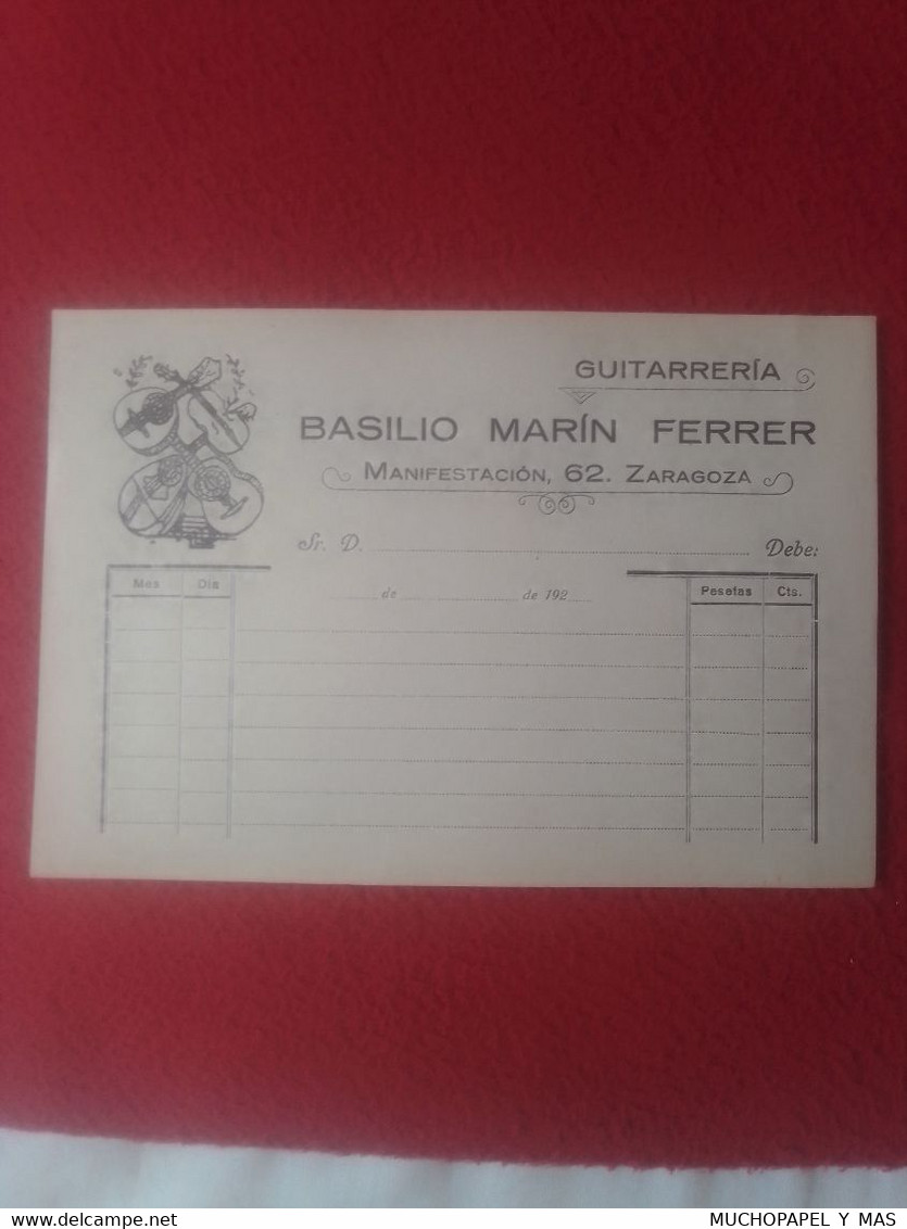 SPAIN INVOICE ANTIGUA FACTURA O ALBARÁN AÑOS 1920 BASILIO MARÍN FERRER GUITARRERÍA CALLE MANIFESTACIÓN ZARAGOZA GUITAR.. - España