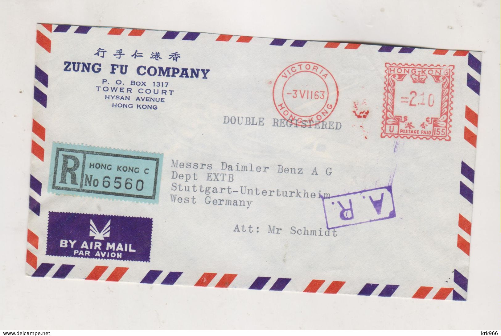 HONG KONG 1963 Registered  Airmail Cover To Germany Meter Stamp - Briefe U. Dokumente