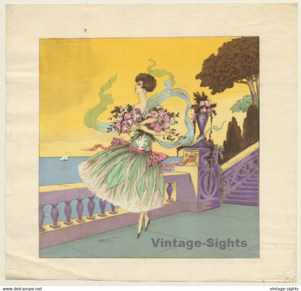 Reine: Elegant Woman On Seaside Terrace (Vintage Art Nouveau Print ~1920s/1930s) - Jugendstil / Art Déco