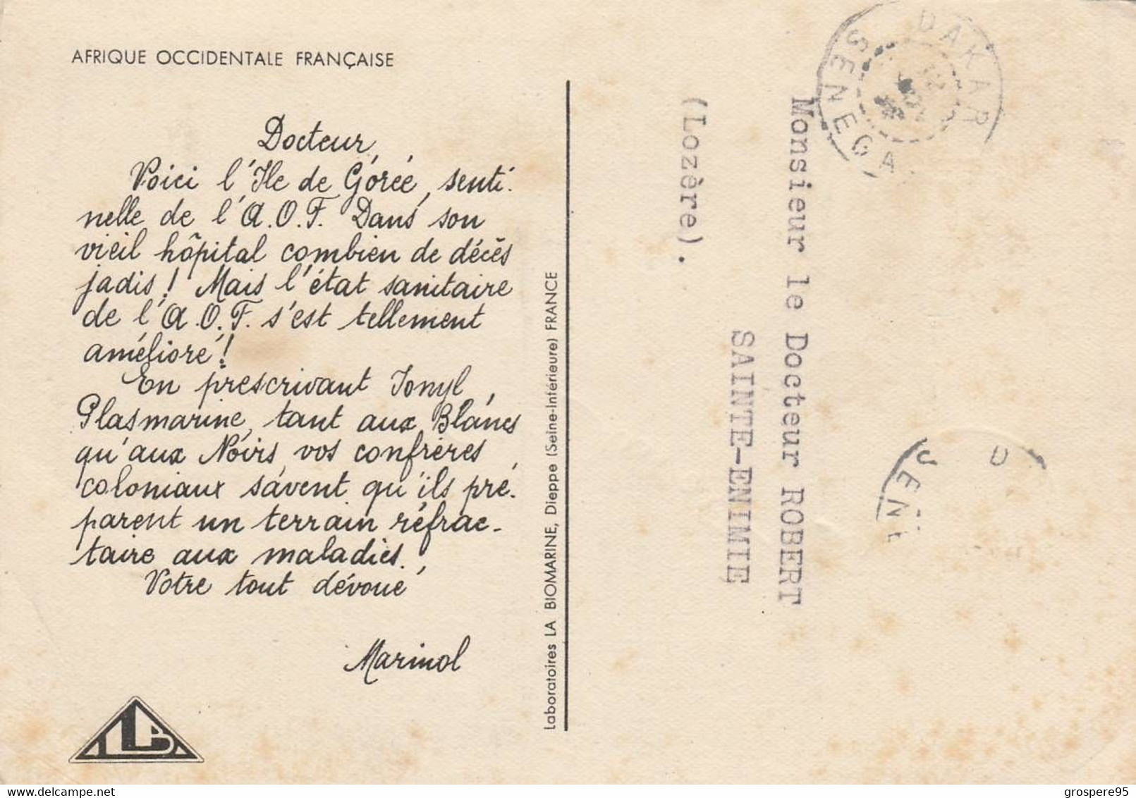 AFRIQUE OCCIDENTALE FRANCAISE L'ILE DE GOREE PUB LABORATOIRE BIOMARINE ENVOYEE AU DOCTEUR ROBERT SAINTE ENIMIE LOZERE - Non Classés