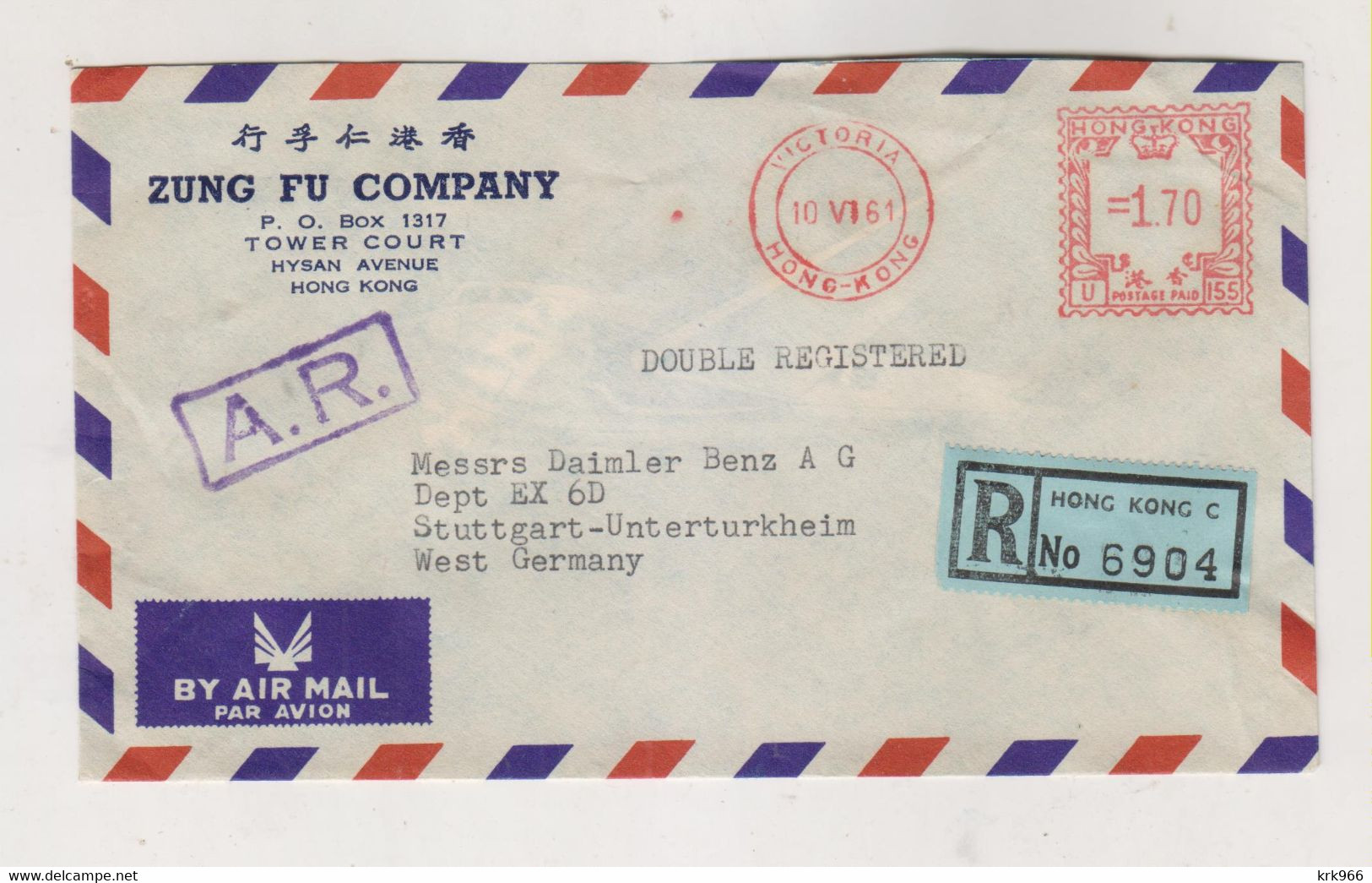 HONG KONG 1964 Registered  Airmail Cover To Germany Meter Stamp - Lettres & Documents