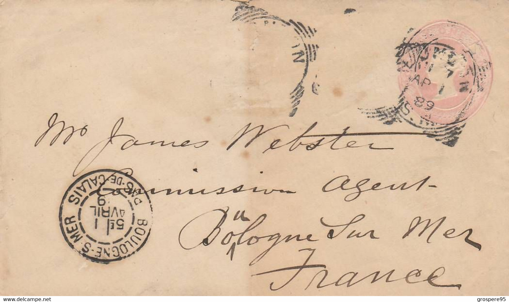 ENVELOPPE  IMPRIMEE TIMBRE ROSE 1889 ENVOYEE A BOULOGNE SUR MER - Cartas & Documentos