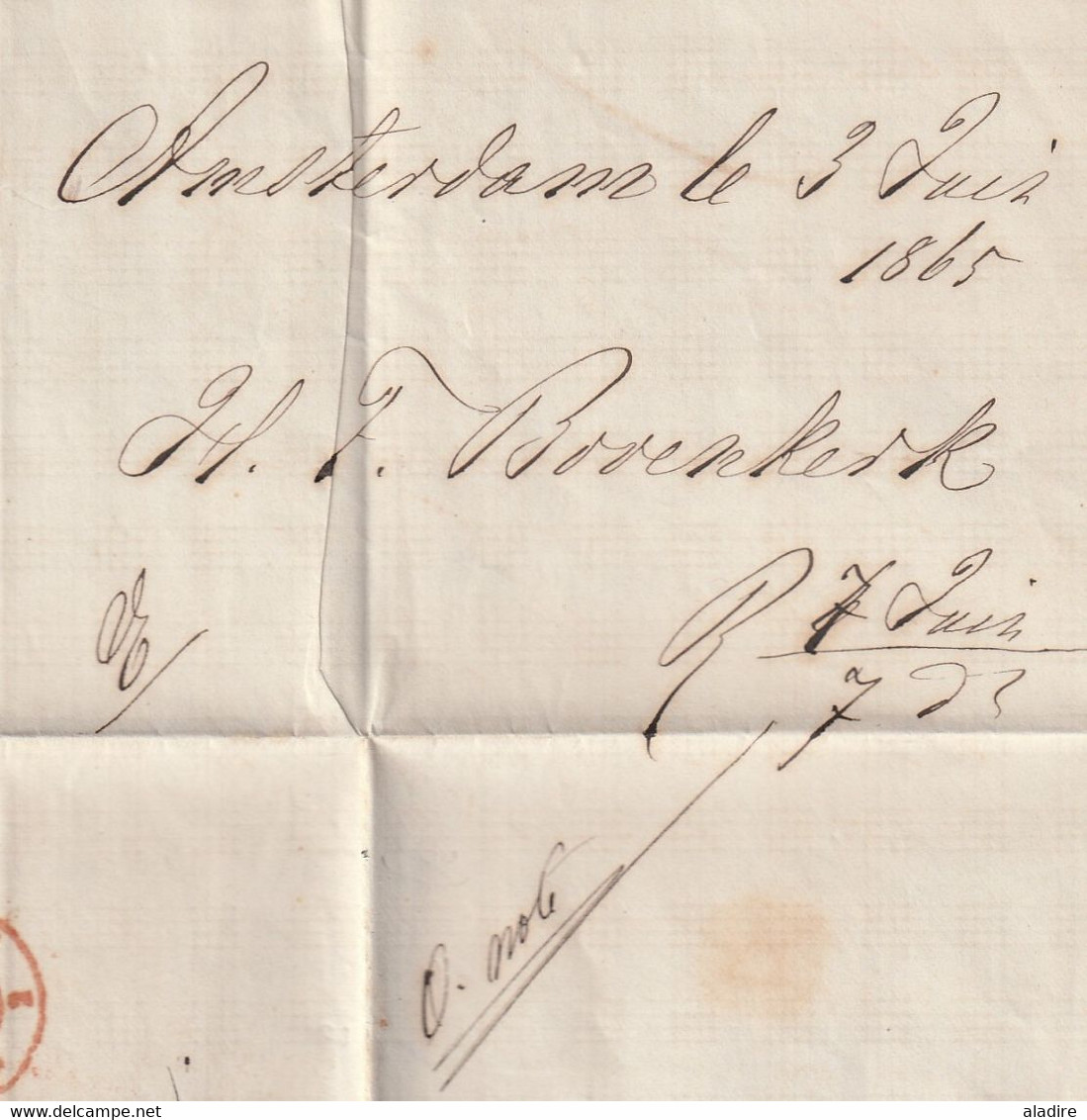 1865 - Lettre pliée avec correspondance en français d' AMSTERDAM, Pays Bas vers Montpellier, France