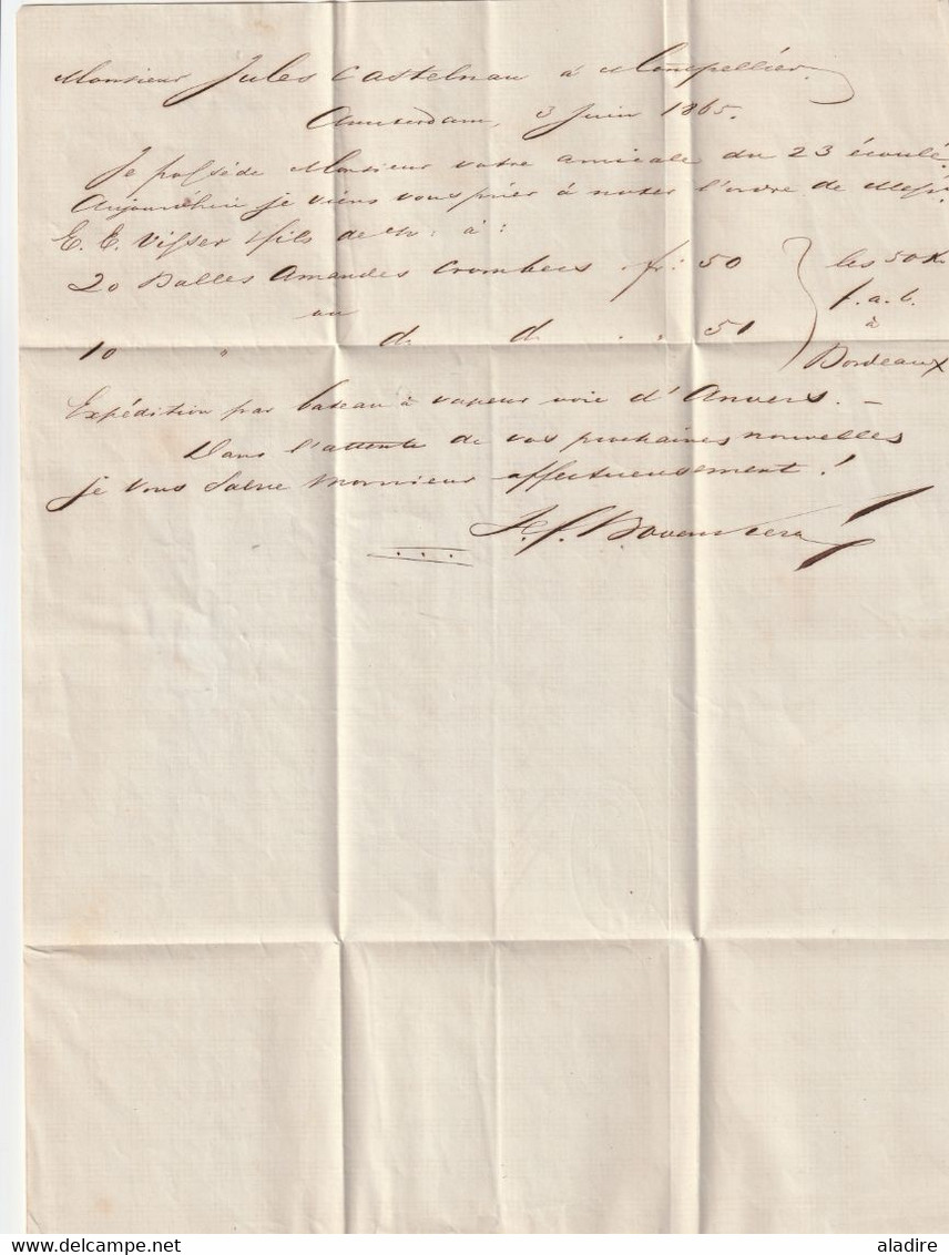 1865 - Lettre pliée avec correspondance en français d' AMSTERDAM, Pays Bas vers Montpellier, France