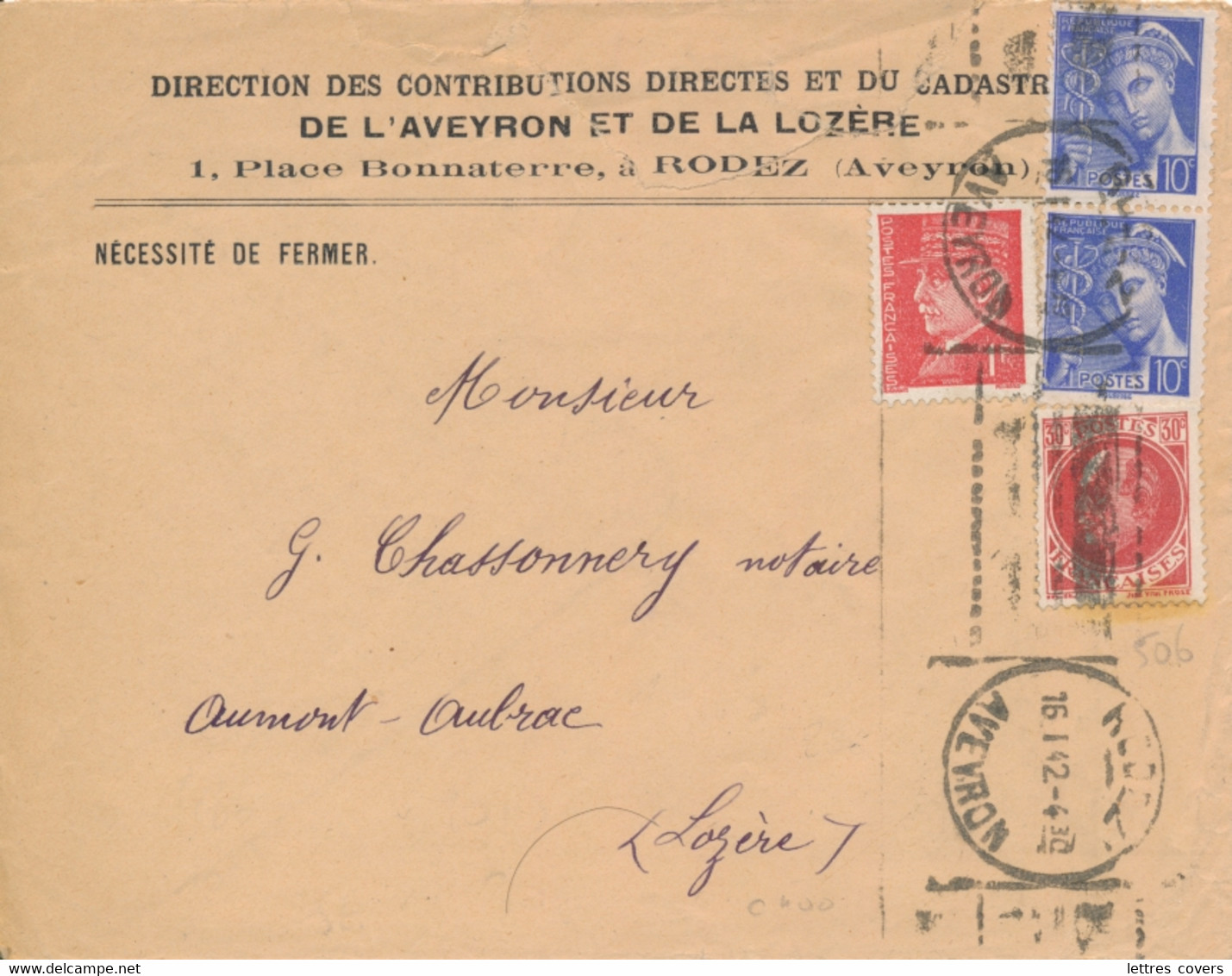 Obl Méca FRANCE D'OUTREMER Texte LIMÉ RODEZ AVEYRON 16/1/42 - Cote 60€ - PETAIN MERCURE Lettre > Lozère - WW II