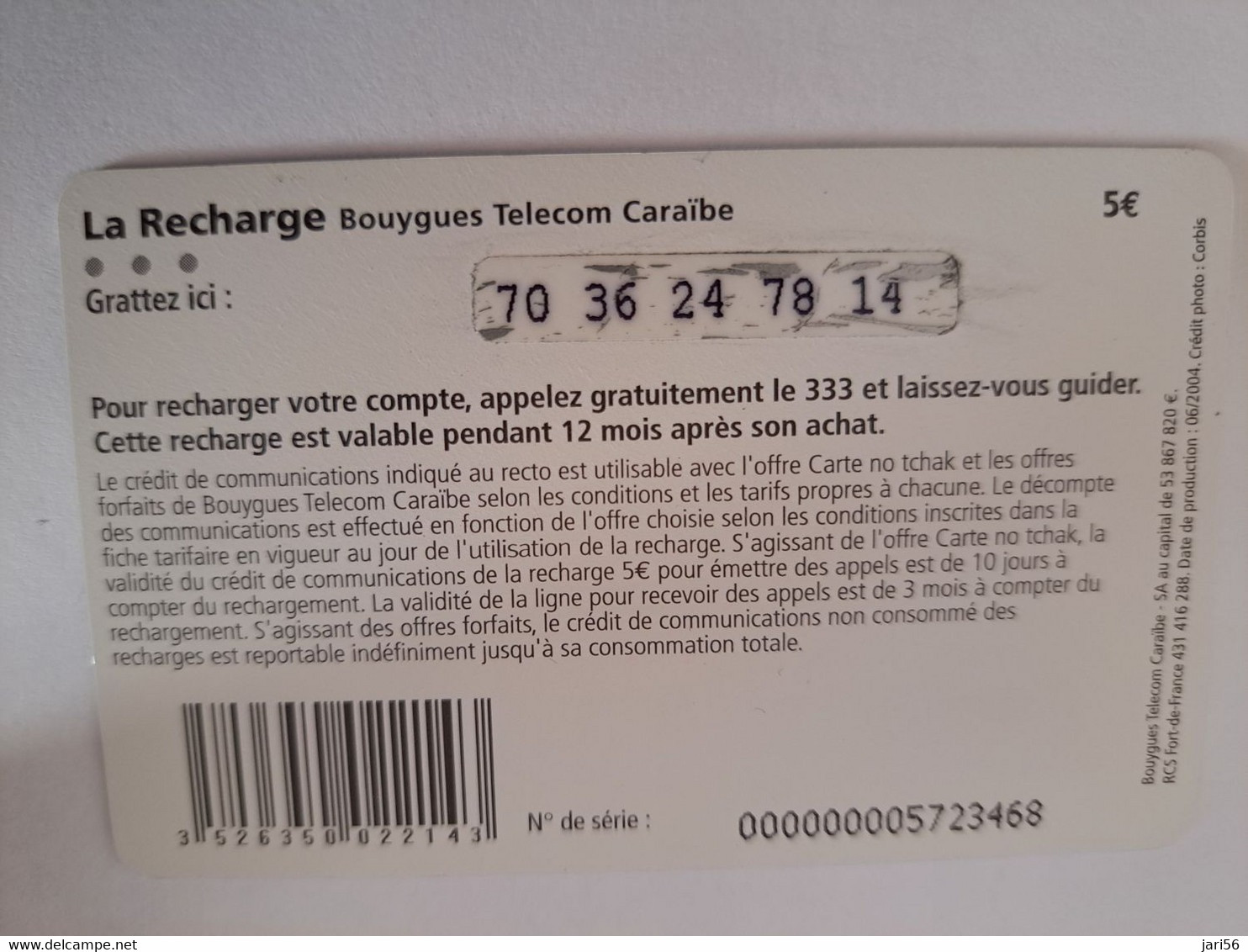 Caribbean Phonecard St Martin French Caribbean ANTILLES FRANCAISES RECHARGE BOUYGUES  5 EURO   **10949 ** - Antillas (Francesas)