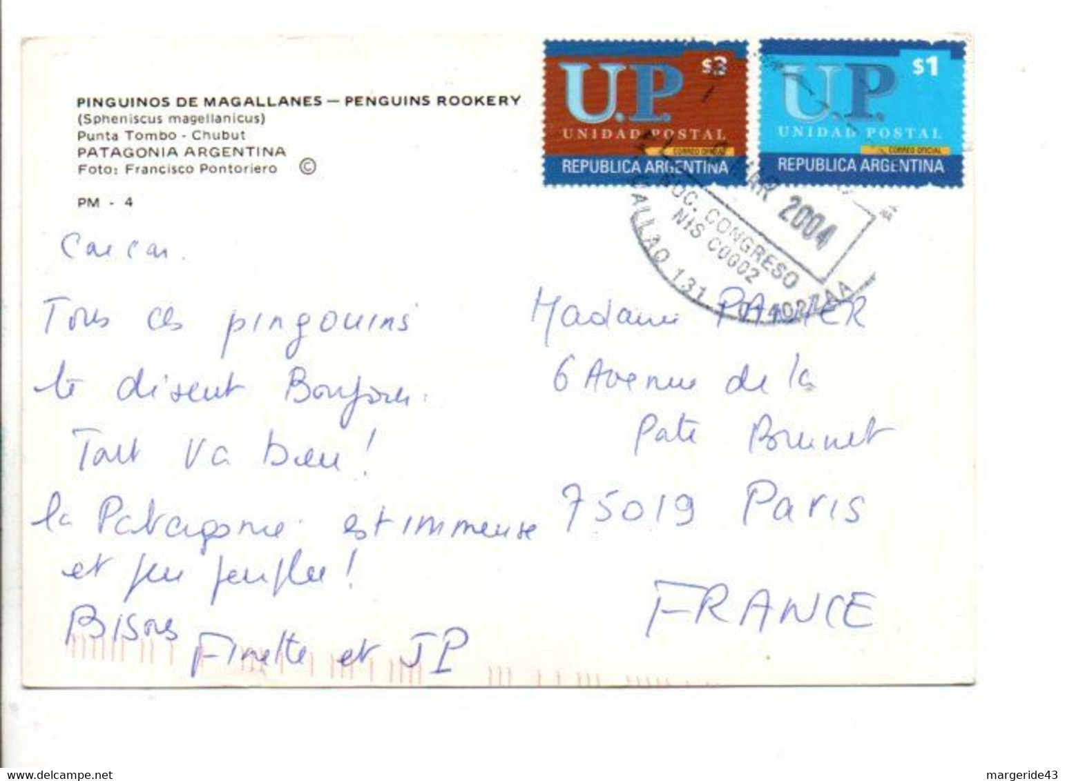 ARGENTINE AFFRANCHISSEMENT COMPOSE SUR CARTE DE PATAGONIE POUR LA FRANCE 2004  PINGOUINS - Covers & Documents