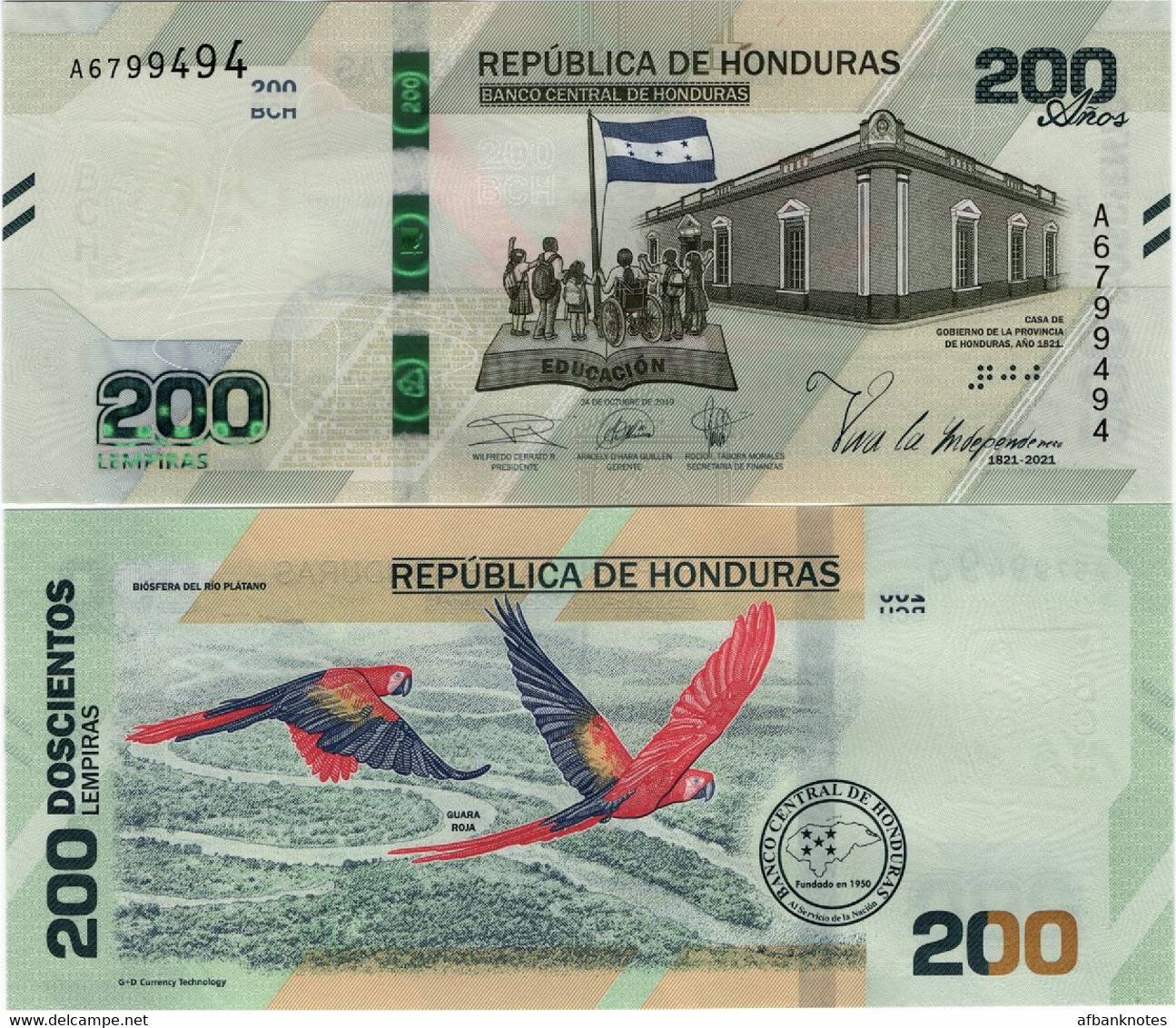 HONDURAS       200 Lempiras       Comm.       P-W105       24.10.2019 (2021)       UNC - Honduras