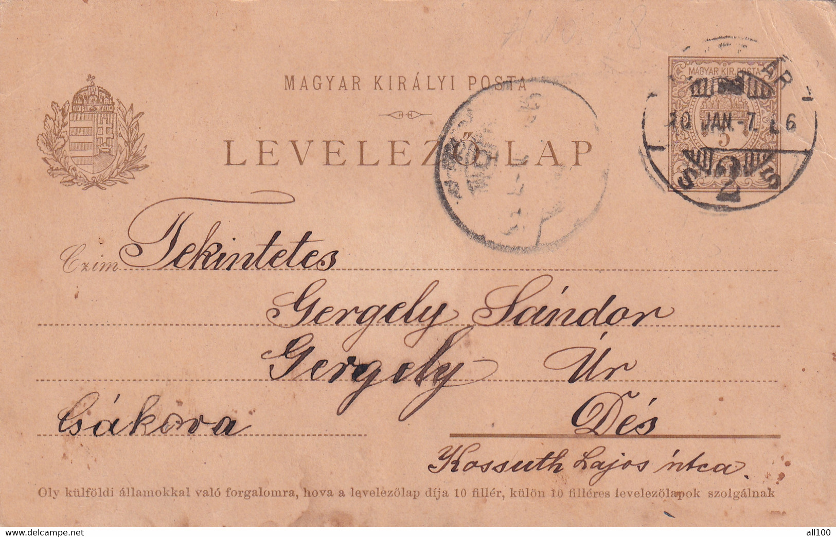 A17539 - MAGYAR KIRALYI POSTA LEVELEZO LAP STAMP, SENT TO DES 1909 POSTAL STATIONERY - Interi Postali