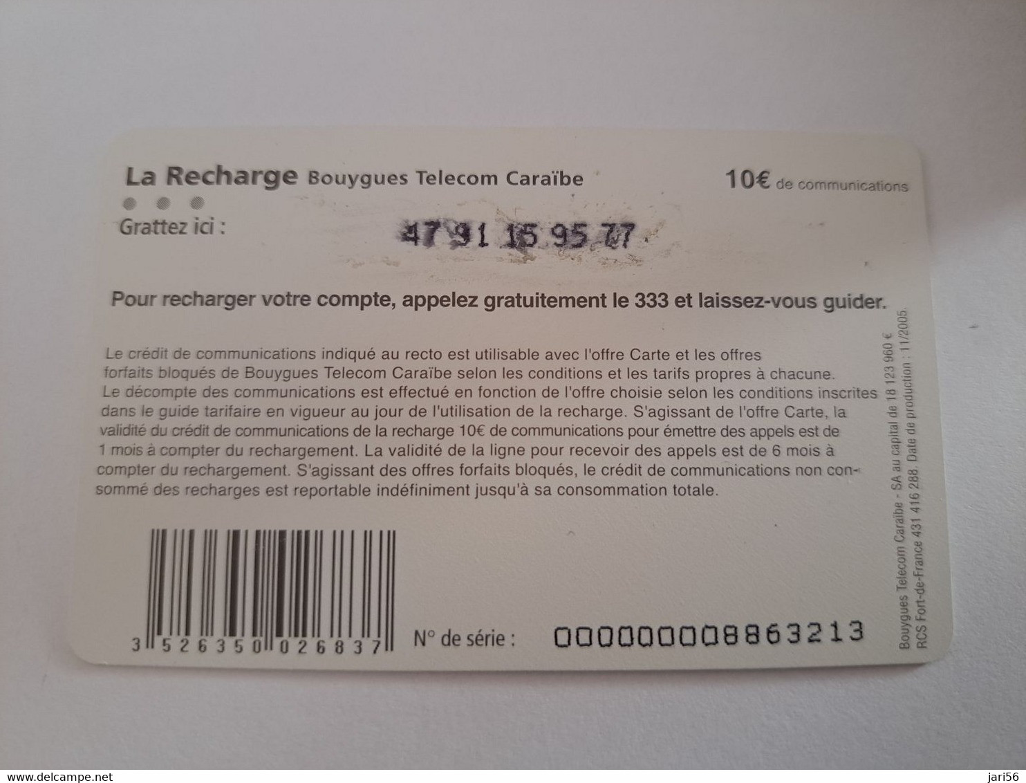 Caribbean Phonecard St Martin French Caribbean ANTILLES FRANCAISES RECHARGE BOUYGUES  10 EURO  ** 10953 ** - Antillen (Frans)