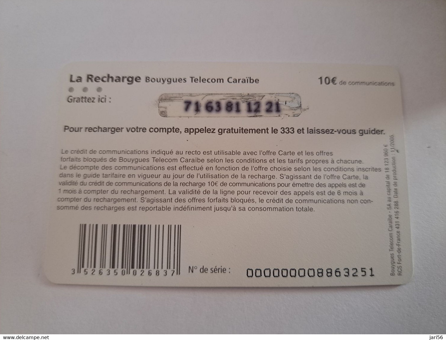 Caribbean Phonecard St Martin French Caribbean ANTILLES FRANCAISES RECHARGE BOUYGUES  10 EURO  ** 10954 ** - Antille (Francesi)