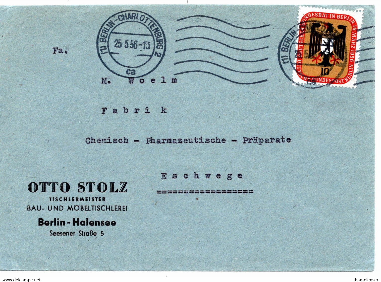 54526 - Berlin - 1956 - 10Pfg Bundesrat EF A Unterfrank Bf BERLIN -> Eschwege - Covers & Documents