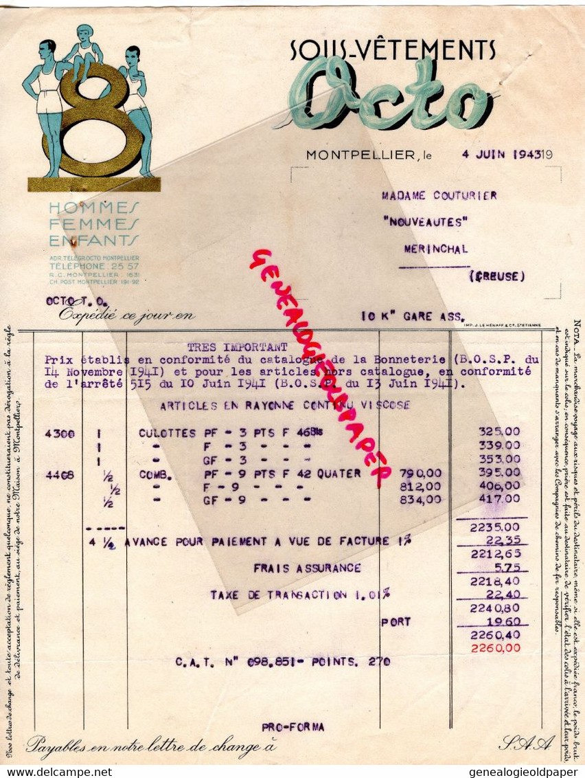 34- MONTPELLIER- BELLE FACTURE SOUS VETEMENTS OCTO- 8-  1943 - Kleidung & Textil