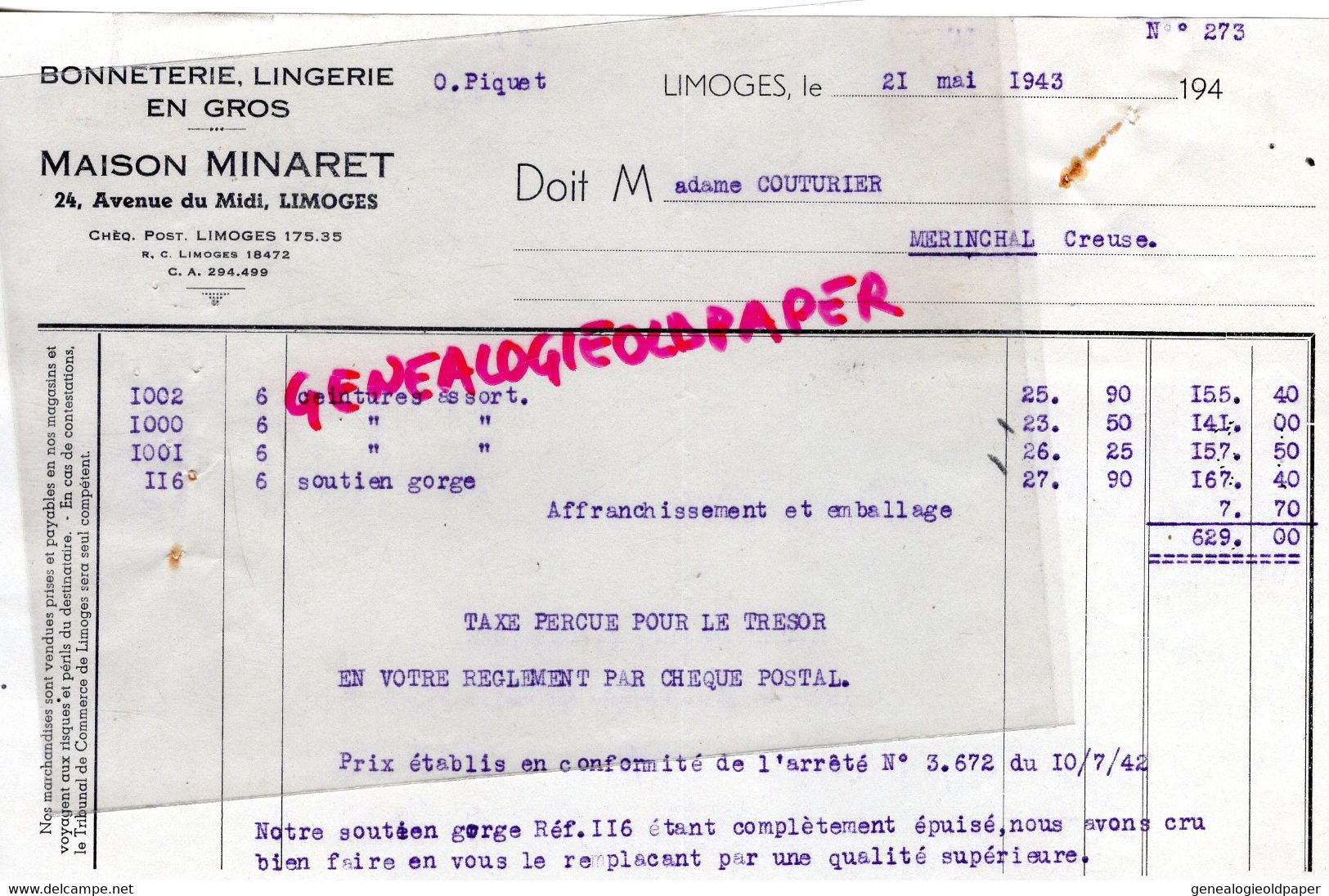87- LIMOGES-  RARE FACTURE MAISON MINARET -BONNETERIE LINGERIE-24 AVENUE DU MIDI - 1943 - Textile & Clothing