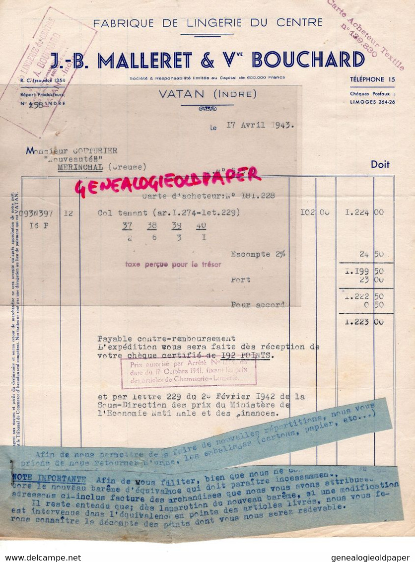 36 - VATAN - RARE  FACTURE FABRIQUE DE LINGERIE - J.B. MALLERET ET VEUVE BOUCHARD- 1943 - Textile & Clothing
