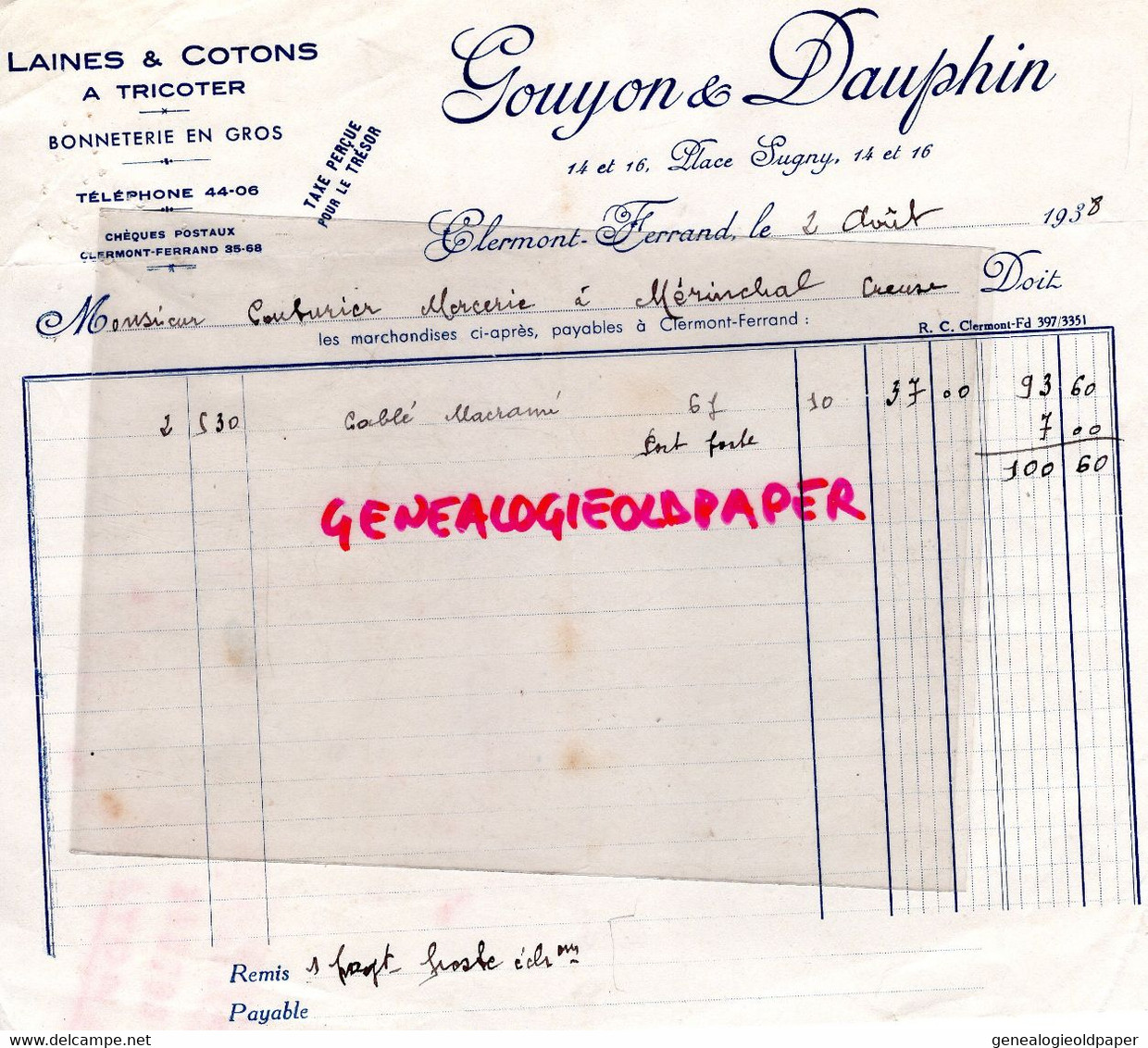 63- CLERMONT FERRAND- FACTURE GOUYON 1 DAUPHIN - BONNETERIE LAINES COTON -14 PLACE SUGNY-  1938 - Textile & Clothing