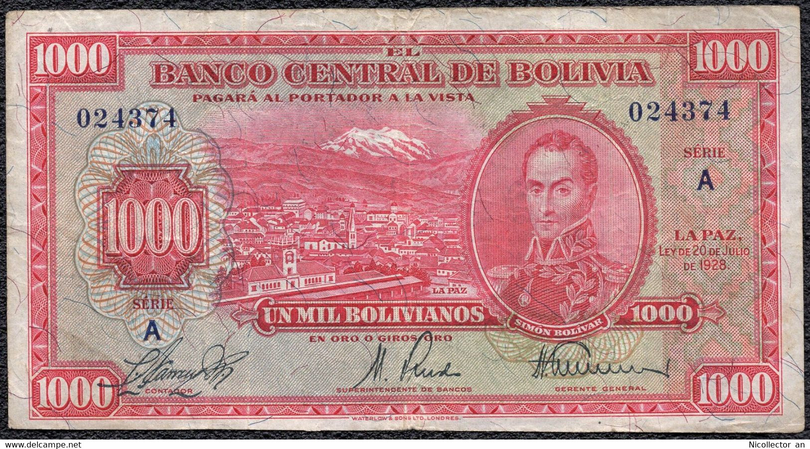 Bolivia, 1000 Bolivianos Serie A 1928 VF P-135a.2 Banknote - Bolivie