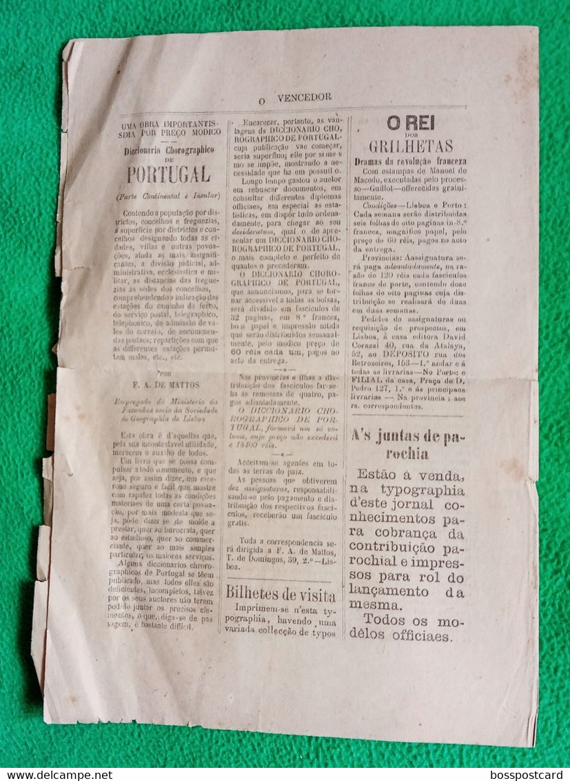 Penafiel - Jornal "O Vencedor" Nº 130 De 16 De Setembro De 1889 - Imprensa. Porto. Portugal. - Informations Générales