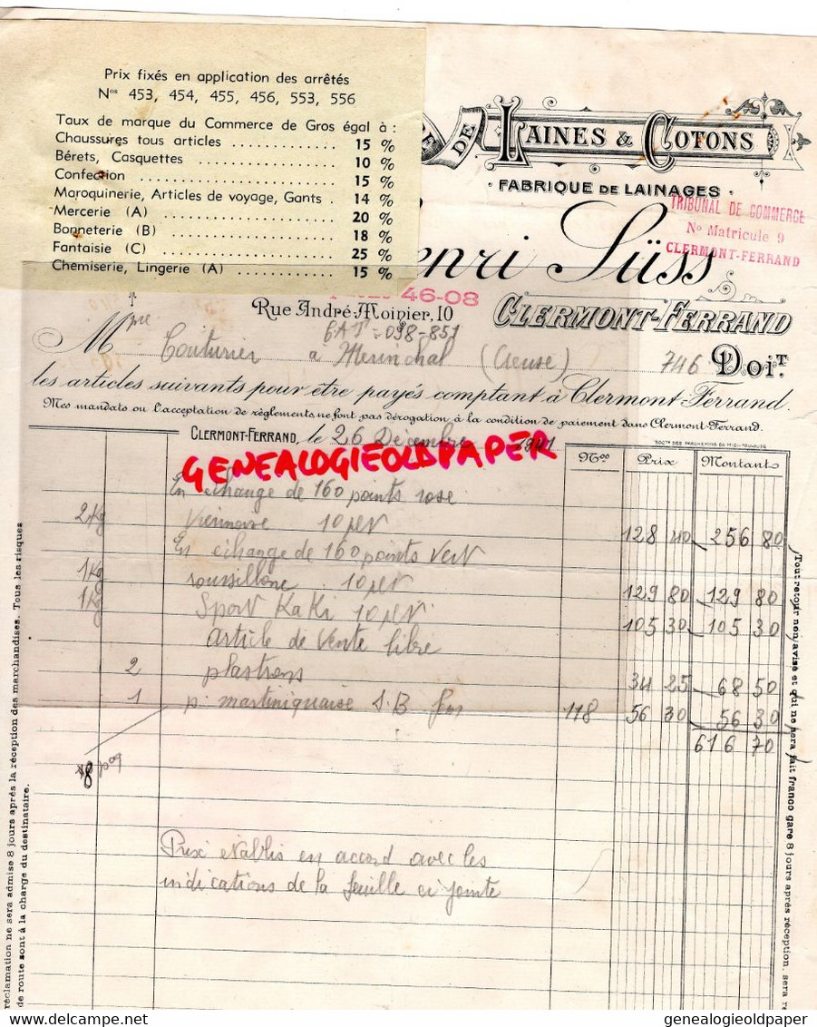 63- CLERMONT FERRAND- FACTURE HENRI SUSS- MANUFACTURE LAINES COTONS-FABRIQUE LAINAGES-10 RUE ANDRE MOINIER-1941 - Textile & Clothing