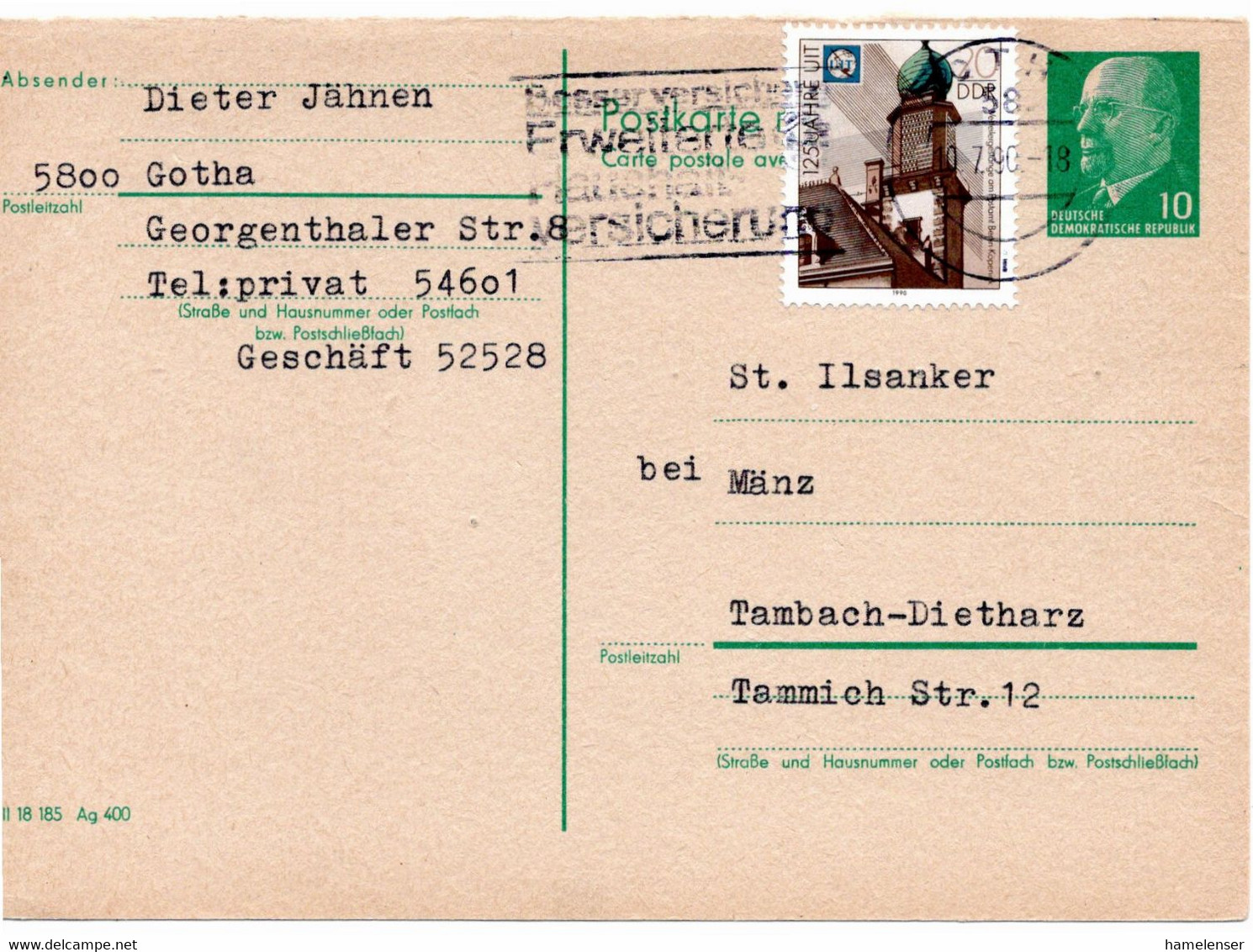 54551 - DDR - 1990 - 10Pfg Ulbricht GAAntwKte (Frageteil) M ZusFr GOTHA - ... -> Tambach-Dietharz - Covers & Documents