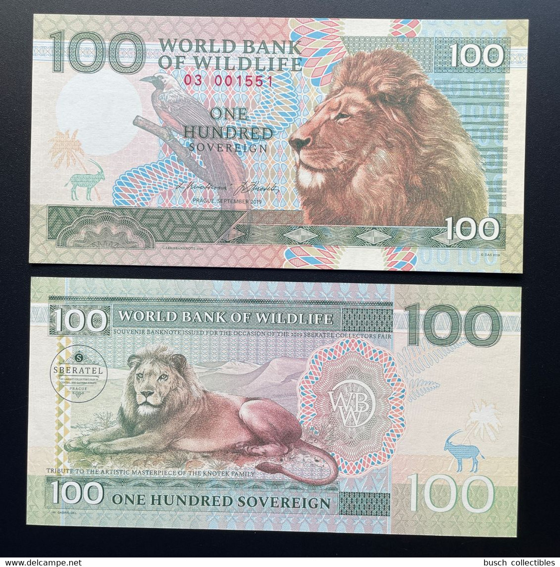 2019 Matej Gabris 100 Sovereign World Bank Wildlife Lion Löwe Bird Oiseau Sberatel UNC SPECIMEN ESSAY Tirage Limité - Specimen