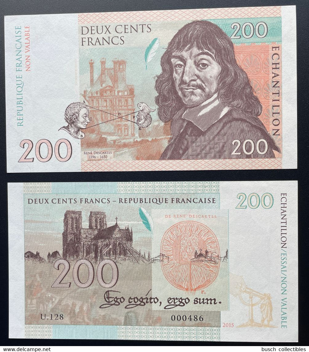 2015 Matej Gabris 200 Francs "U.128" René Descartes Paris Notre-Dame UNC SPECIMEN ESSAY - Fiktive & Specimen