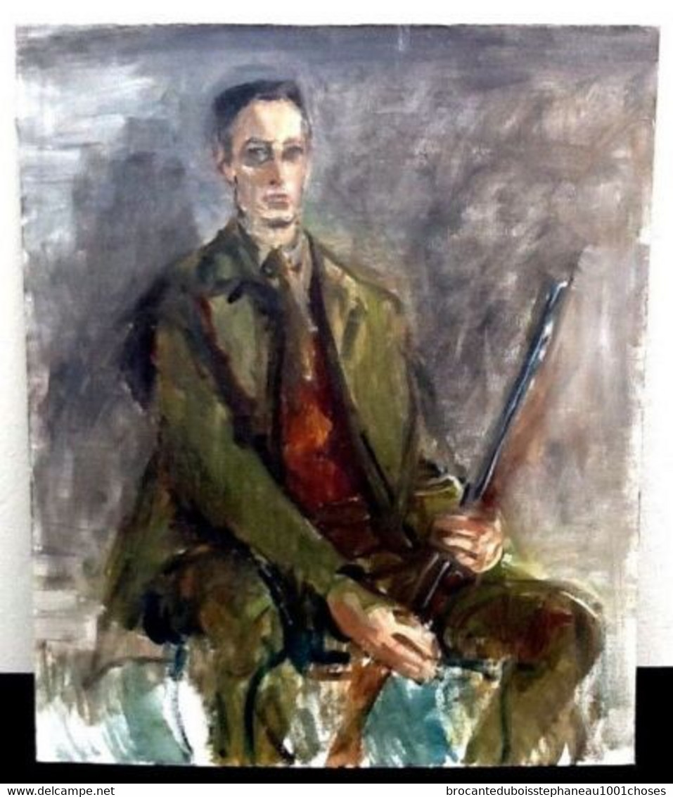 Tableau   Peinture Sur Panneau Carton Entoilé  Portrait " Homme Chasseur "  (550x460)mm - Huiles