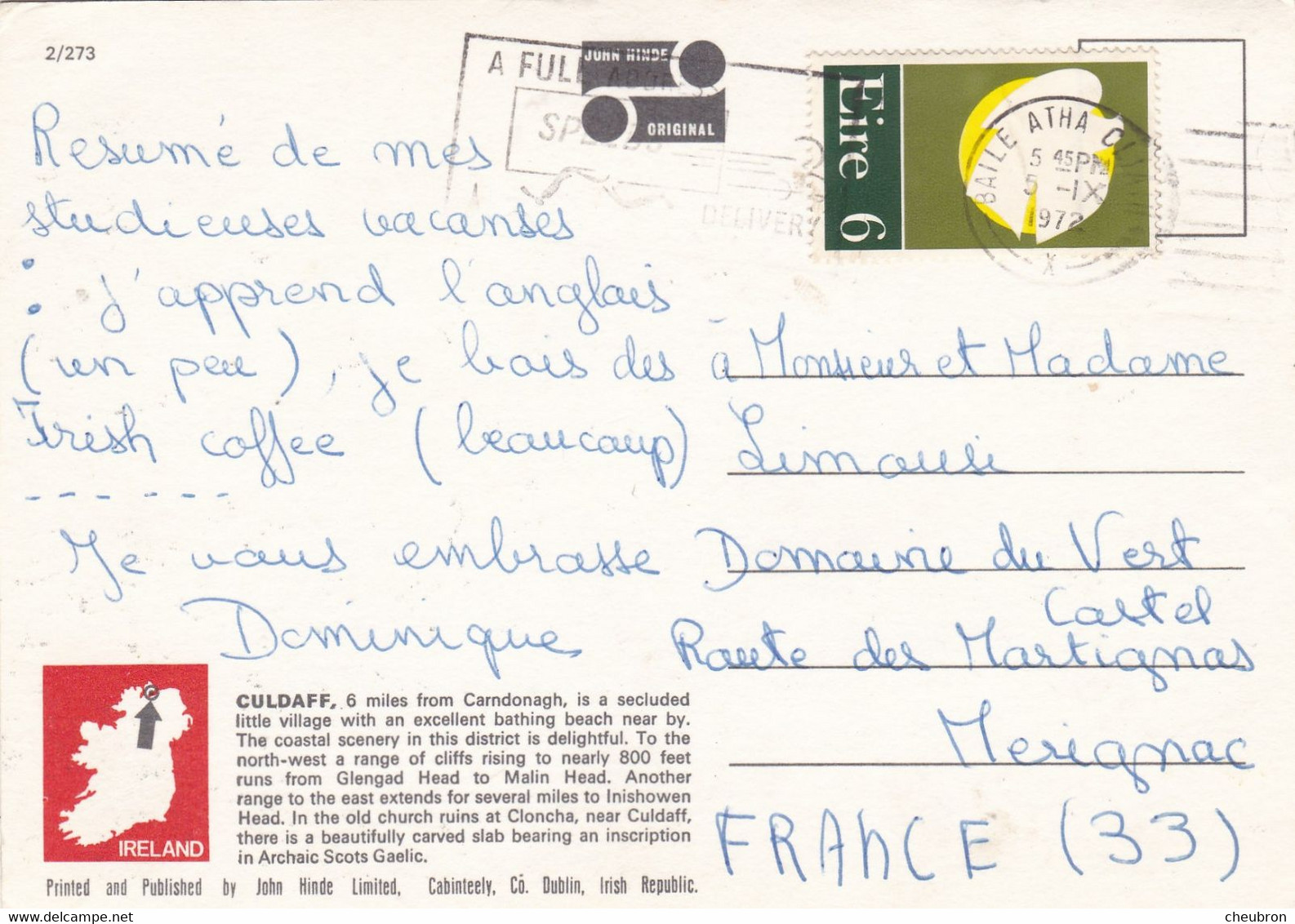 IRLANDE. CPA . DONEGAL CULDAFF INISHOWEN. ANNEE 1972 + TEXTE - Donegal