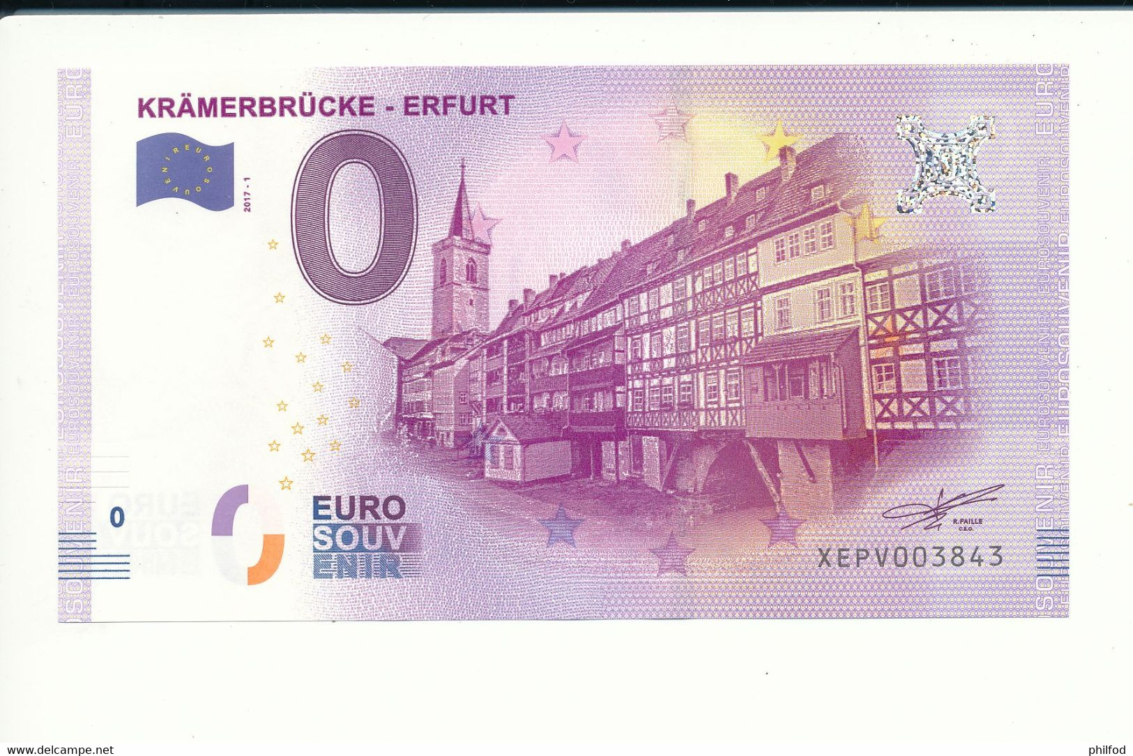 Billet Souvenir - 0 Euro - XEPV - 2017-1 - KRÄMERBRÜCKE - ERFURT - N° 3843 - Kilowaar - Bankbiljetten