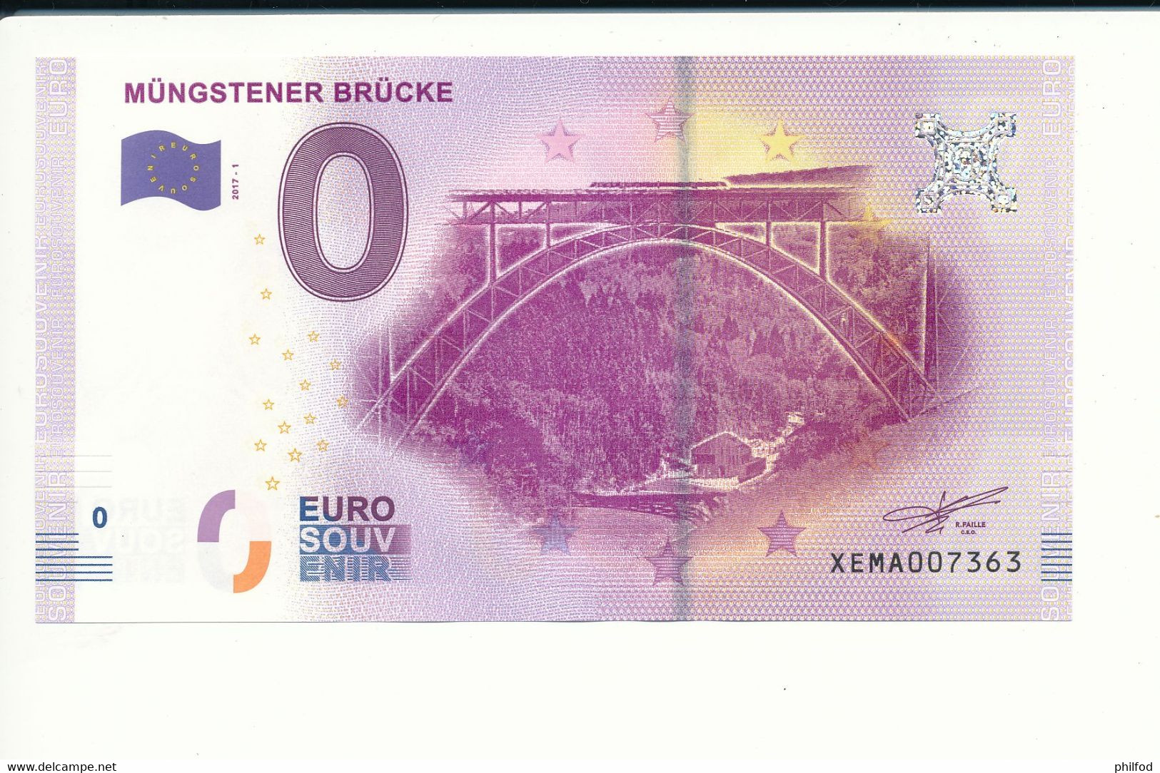 Billet Souvenir - 0 Euro - XEMA - 2017-1 - MÜNGSTENER BRÜCKE - N° 7363 - Billet épuisé - Alla Rinfusa - Banconote