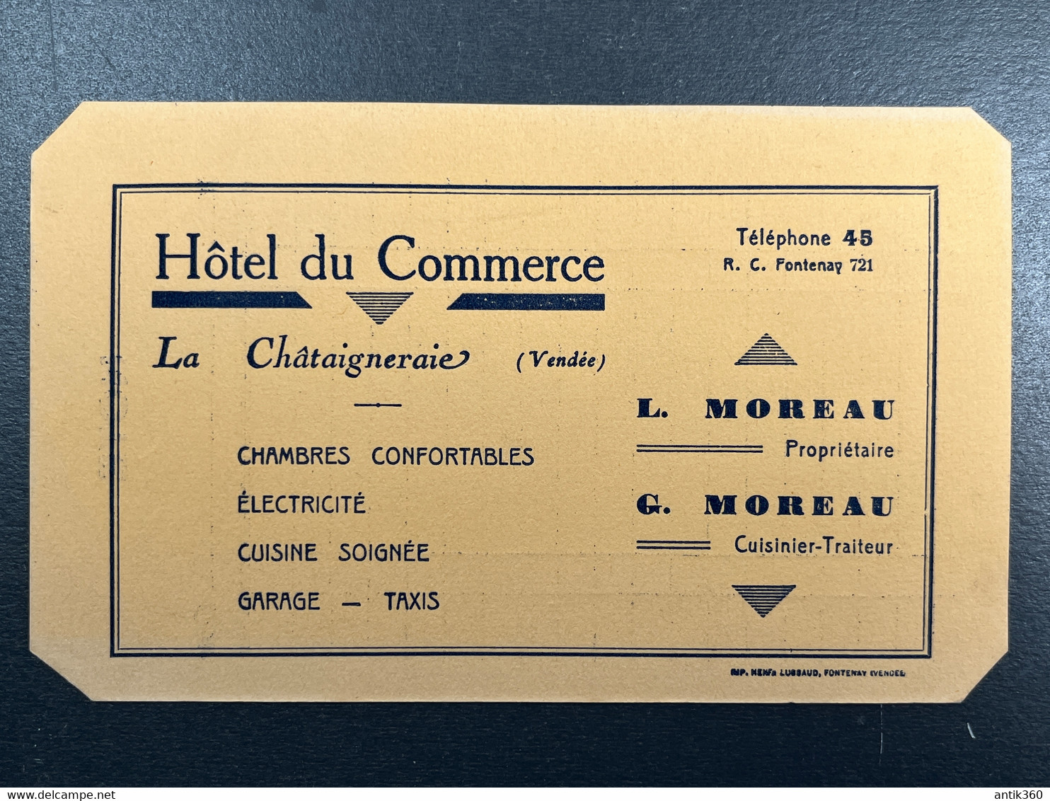 Facture / Note Hôtel Du Commerce La Chataigneraie Vendée Moreau 1938 - 1900 – 1949