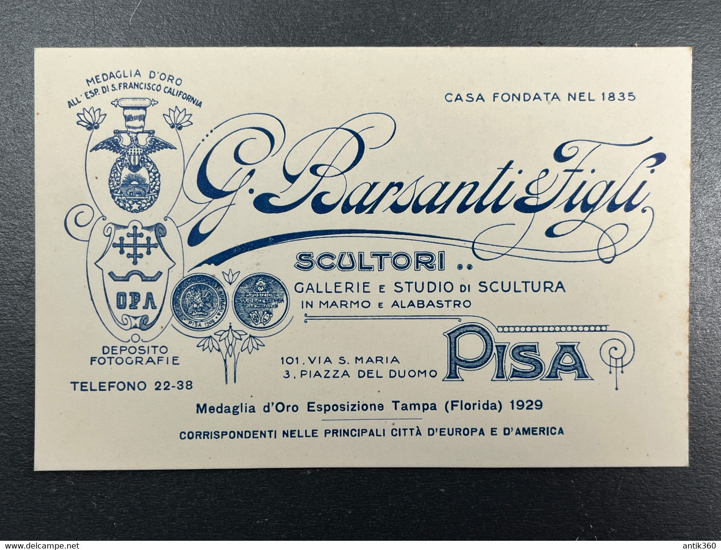 Carte De Visite Barsanti & Figli Sculpteurs Scultori Gallerie Et Studio Pisa Pise Italie - Cartes De Visite