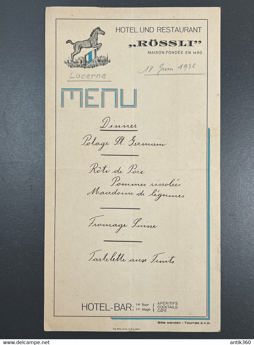 Ancien Menu Hôtel Restaurant Rössli Lucerne Suisse 1936 Publicité Montres Horlogerie H. Haefliger - Menus