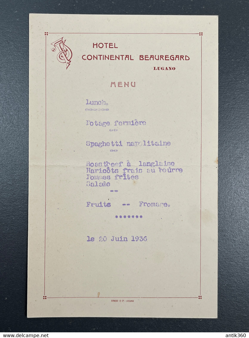 Ancien Menu Hôtel Beauregard & Continental Lugano Suisse 20 Juin 1936 - Menus