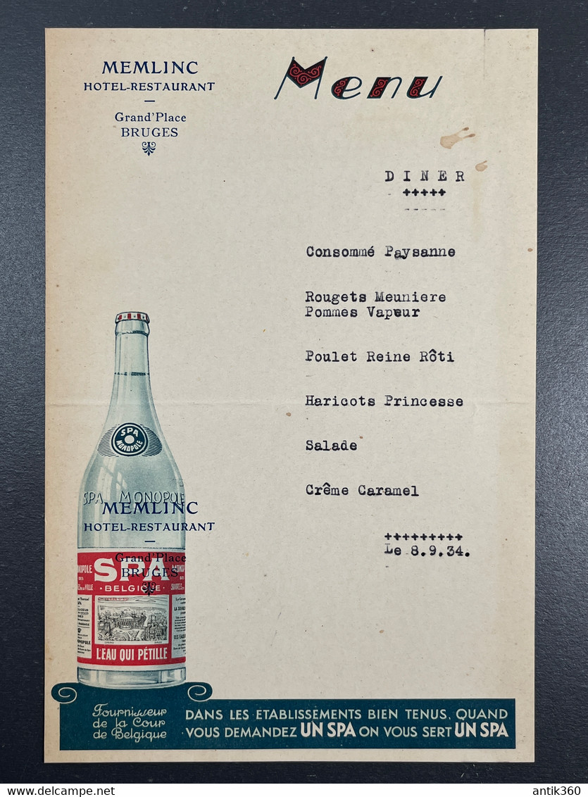 Ancien Menu Hôtel Restaurant Memlinc Bruges Belgique Publicité Spa Monopole Eau Pétillante 1934 - Menus