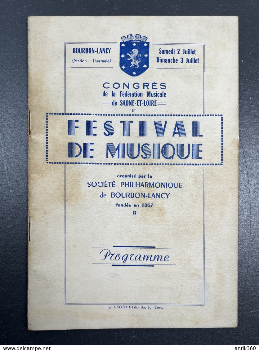 Ancien Programme Congrès Fédération Musicale Saone Et Loire Festival De Musique Bourbon Lancy 1955 Musique Royale Belge - Programme