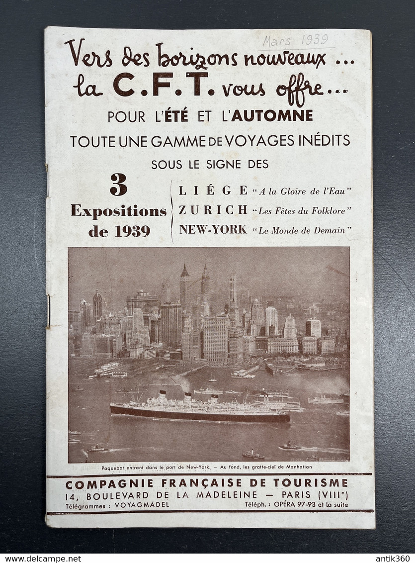 Programme Compagnie Française De Tourisme CFT Croisière Paquebots 3 Expositions 1939 - Toeristische Brochures
