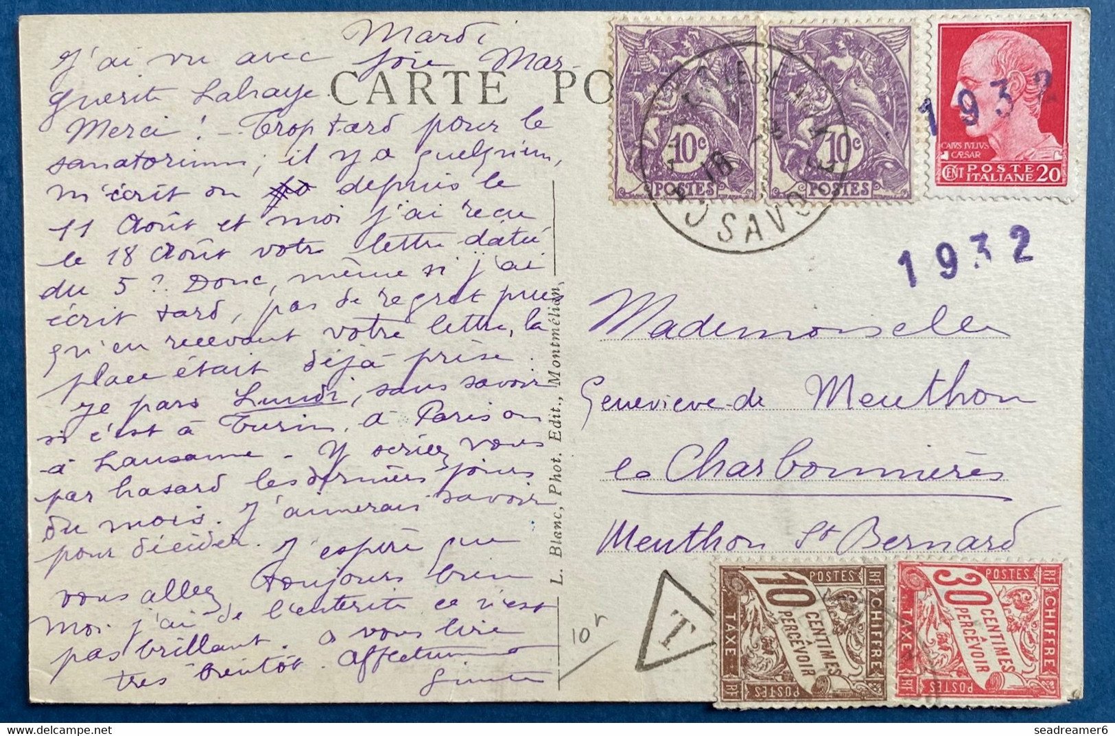 France Carte Postale Mixte De Challes Les Eaux Type Blanc N°233 Paire + Timbre Italien à 20c Refusé + Taxe ! 40c RR - 1900-29 Blanc