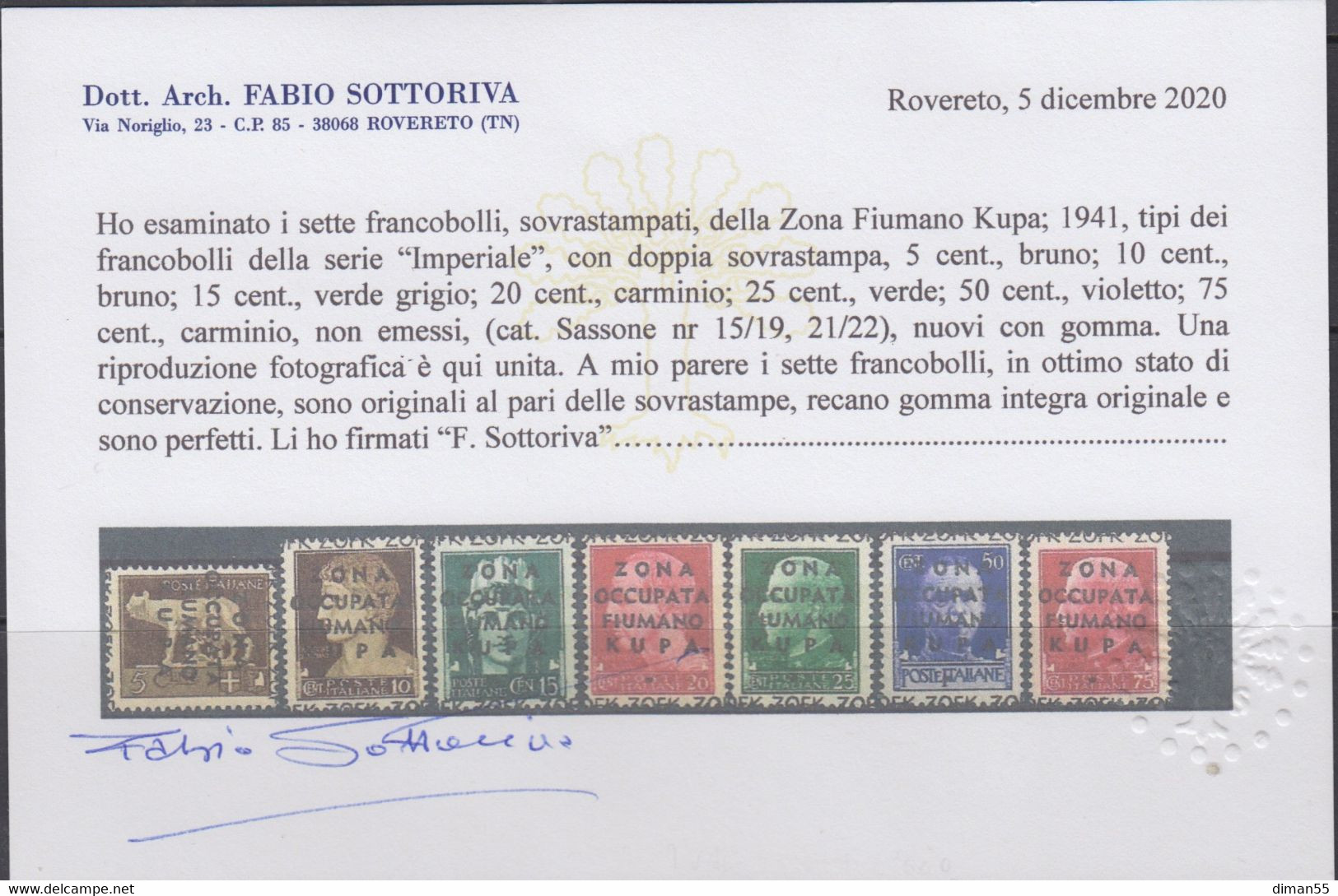 Italia Occupazione Montenegro - Fiumano Kupa - Sassone N.15  Cat. 2000 Euro Certificato Sottoriva - Gomma Integra -MNH** - Fiume & Kupa