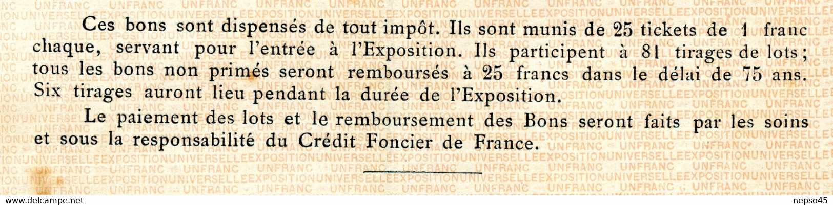 Exposition Universelle De 1889.Paris.Bon à Lot 25 Francs Au Porteur.Illustration Henri Danger.Cachet Sec. - Turismo