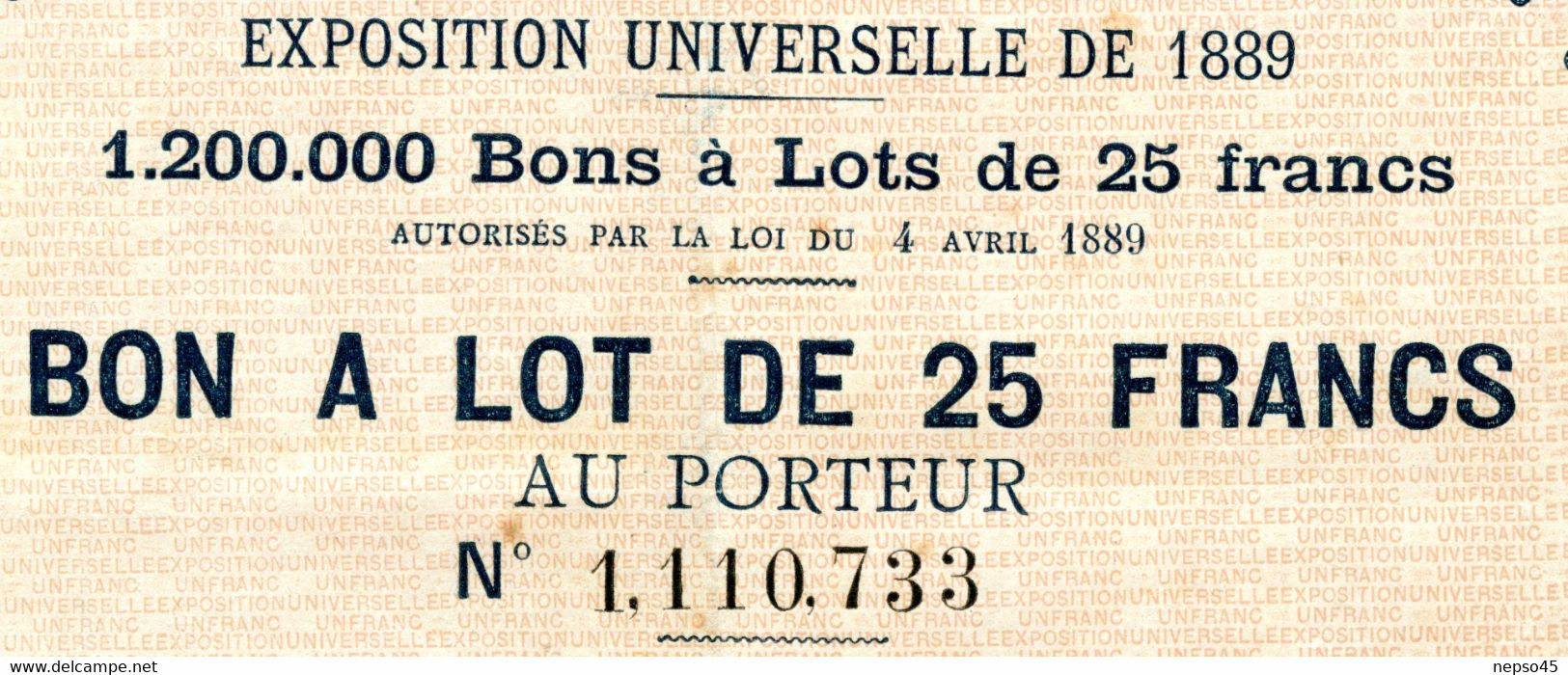 Exposition Universelle De 1889.Paris.Bon à Lot 25 Francs Au Porteur.Illustration Henri Danger.Cachet Sec. - Tourism