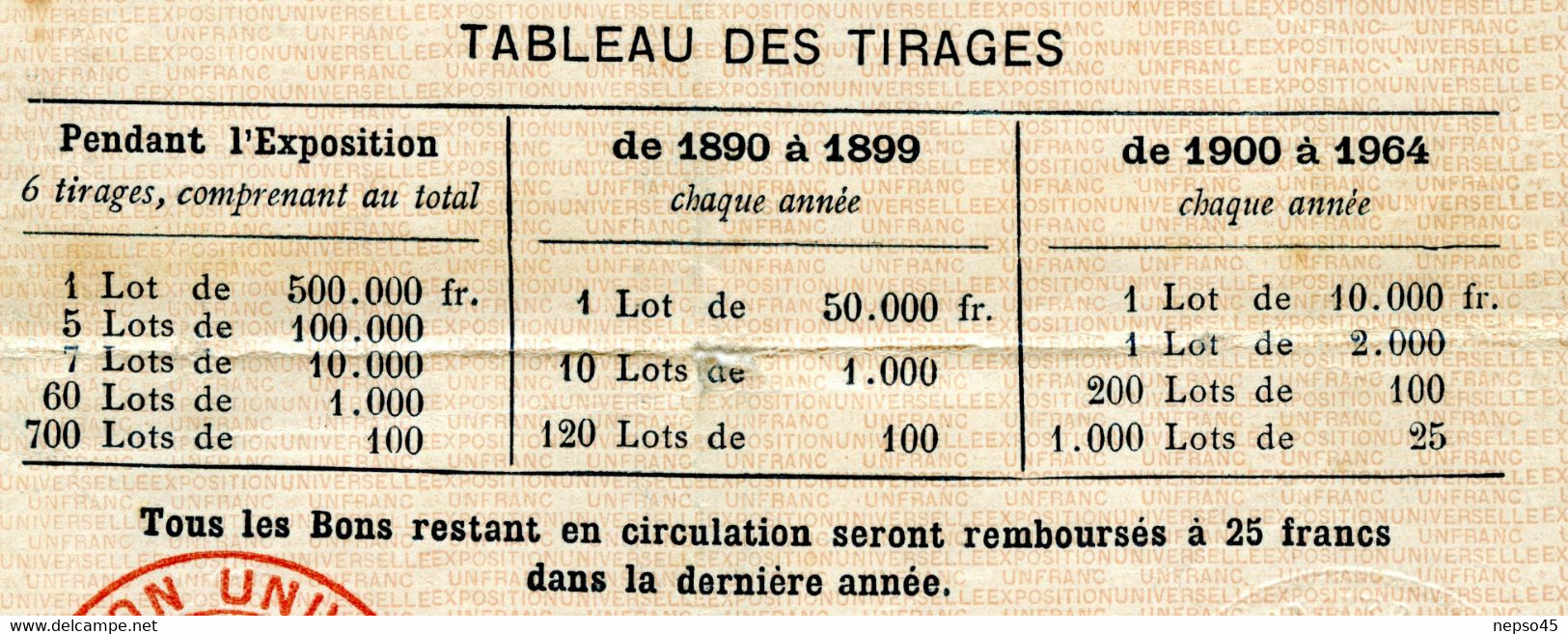 Exposition Universelle De 1889.Paris.Bon à Lot 25 Francs Au Porteur.Illustration Henri Danger.Cachet Sec. - Tourismus