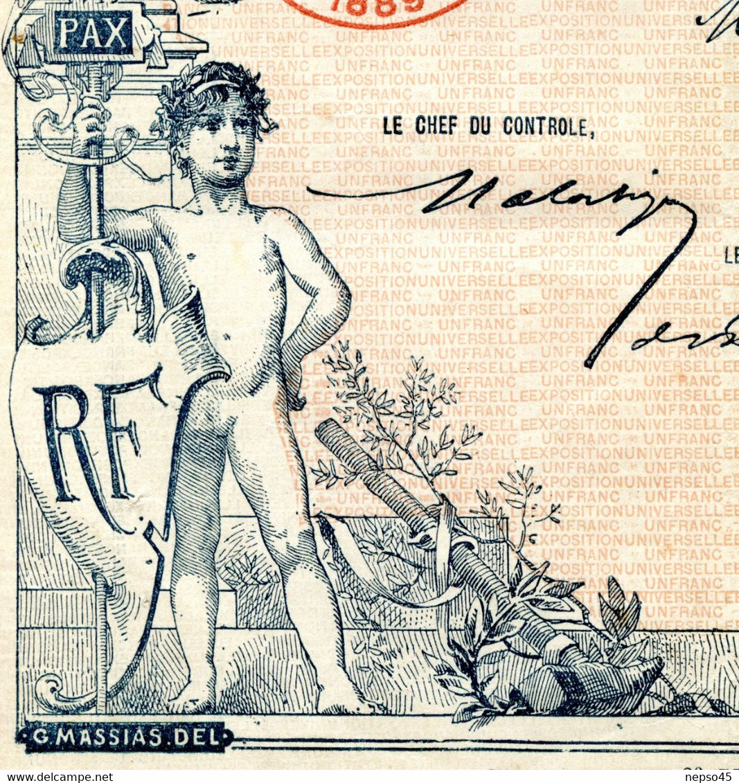 Exposition Universelle de 1889.Paris.Bon à Lot 25 Francs au Porteur.Illustration Henri Danger.Cachet Sec.