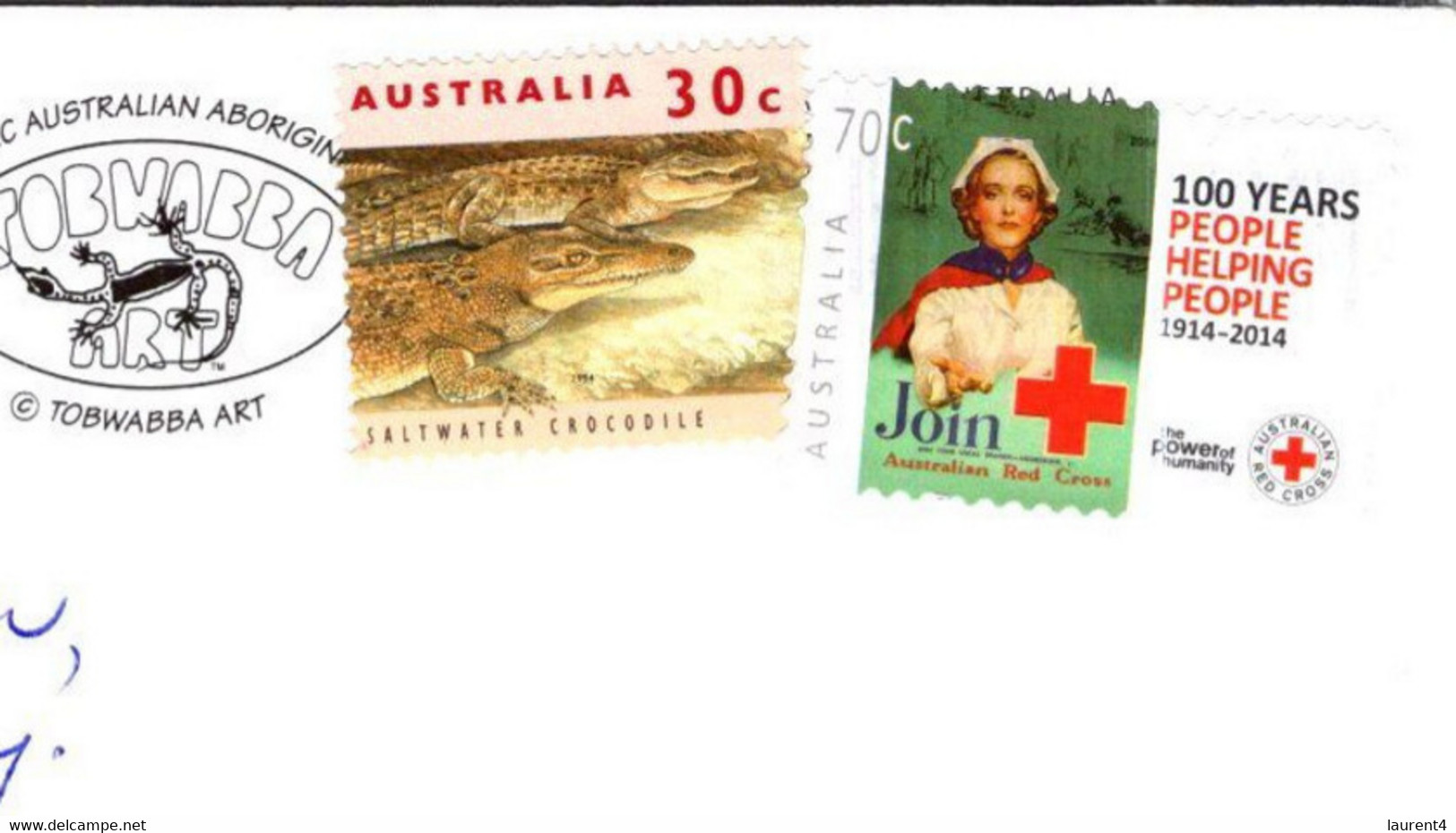 (1 K 14) (OZ) Australia - Aboriginal Art (posted With Red Cross Stamp + Crocodile Stamp Without Postmark !) - Aborigènes