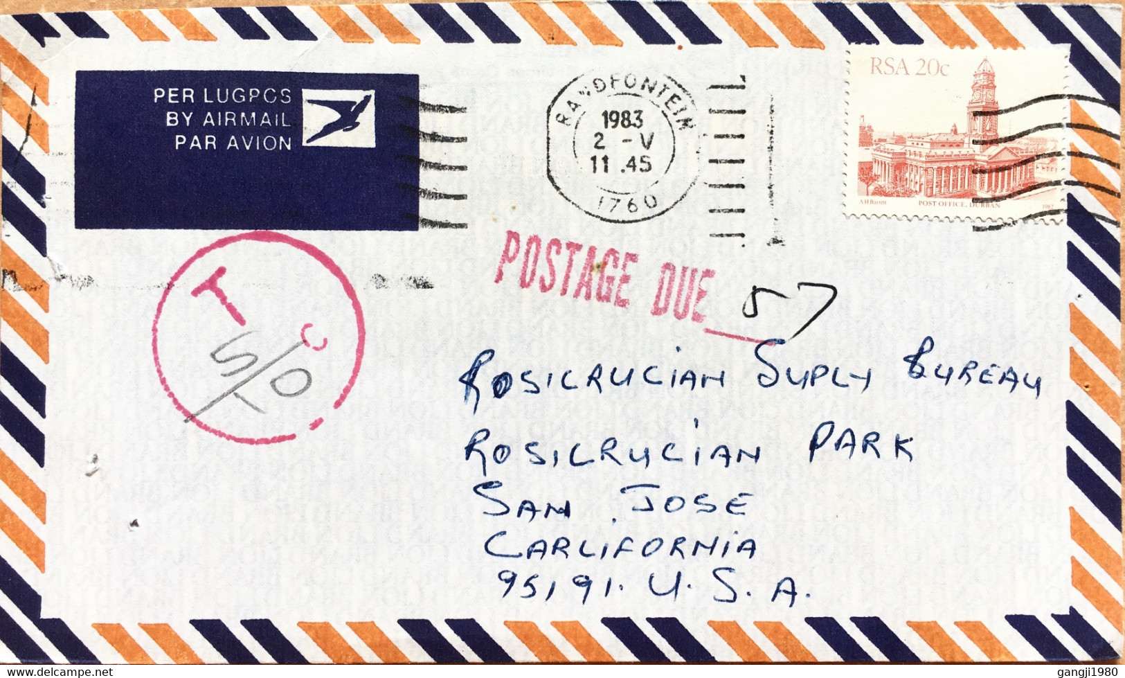 SOUTH AFRICA 1983, USED AIRMAIL COVER, RED POSTAGE DUE + “T” IN RED CIRCLE, RANDFONTEIN TOWN  TO USA. - Postage Due