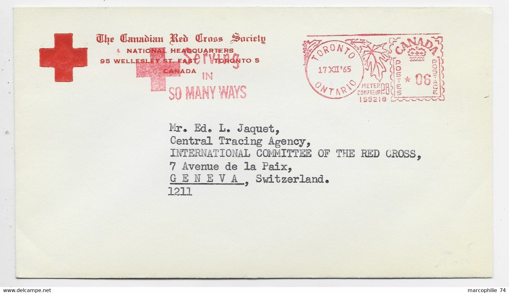 CANADA EMA 06C TORONTO 17.XII.1965 LETTRE COVER  CANADIAN  RED CROSS CROIX ROUGE TO GENEVE CICR - Lettres & Documents